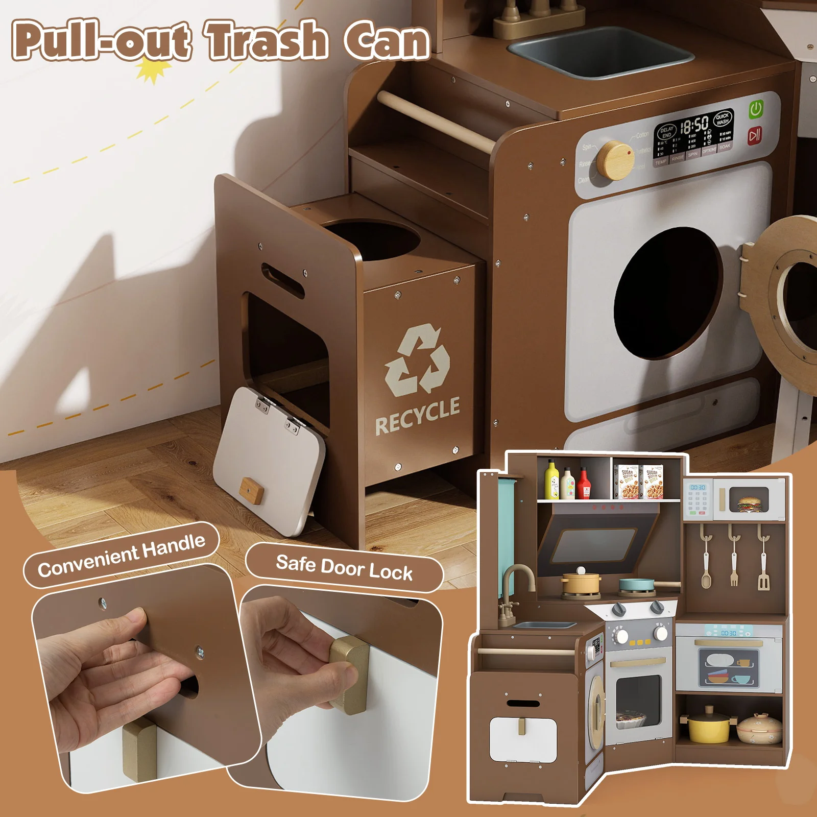 Corner Kitchen Toys with Lights and Sounds with Pull-out Trash Can and Stoves - Image 14