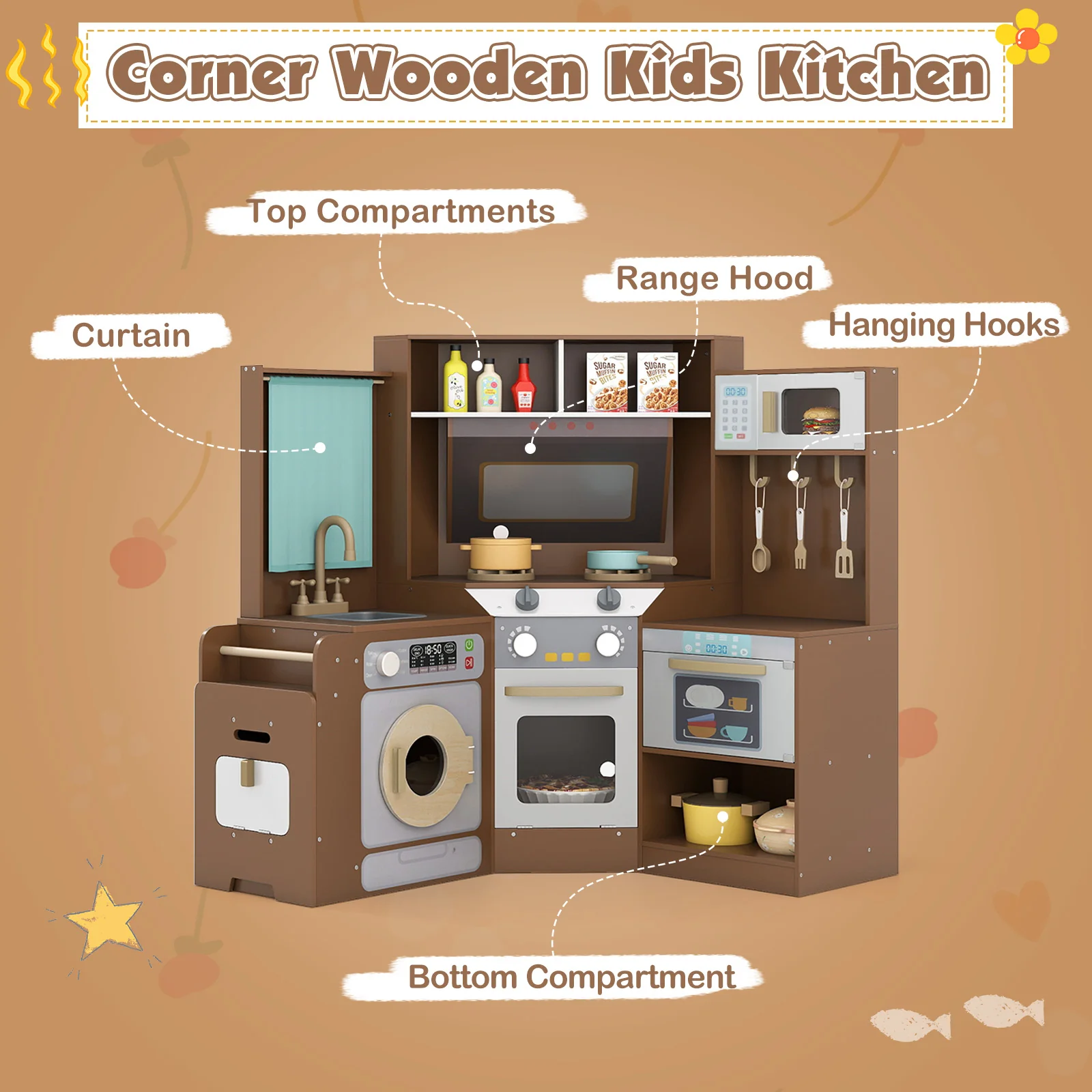 Corner Kitchen Toys with Lights and Sounds with Pull-out Trash Can and Stoves - Image 16