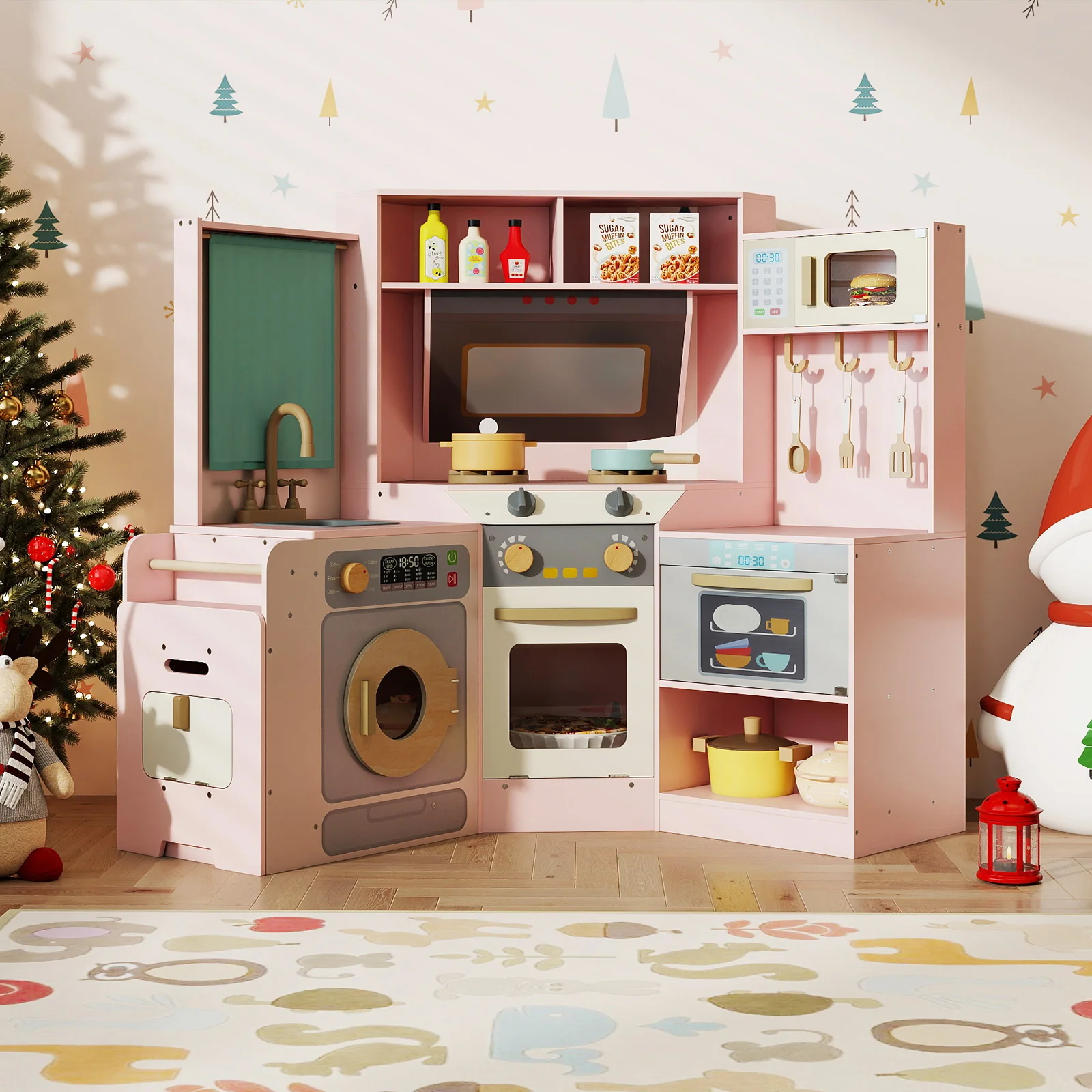 Corner Kitchen Toys with Lights and Sounds with Pull-out Trash Can and Stoves - Image 17