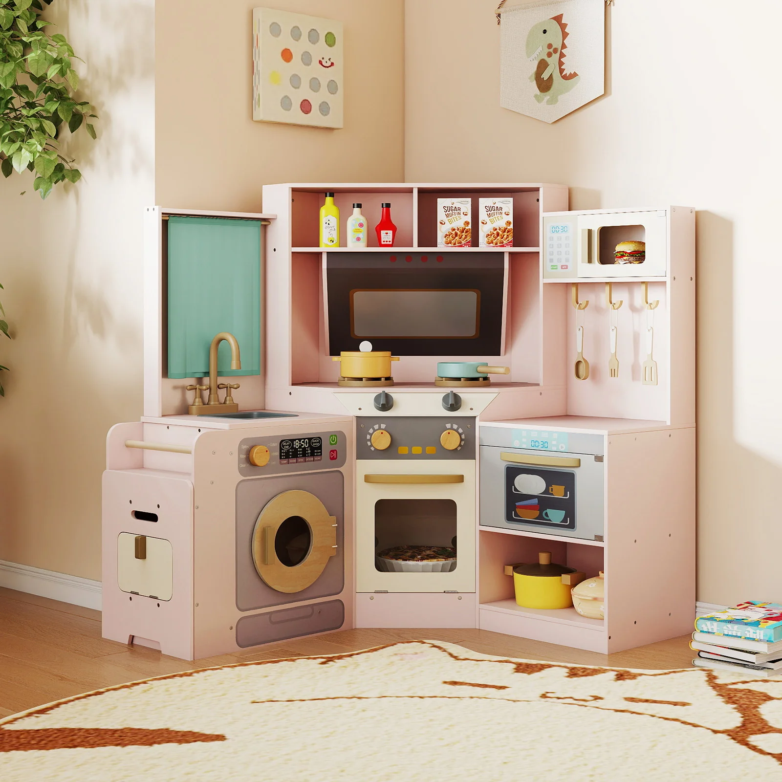 Corner Kitchen Toys with Lights and Sounds with Pull-out Trash Can and Stoves - Image 18