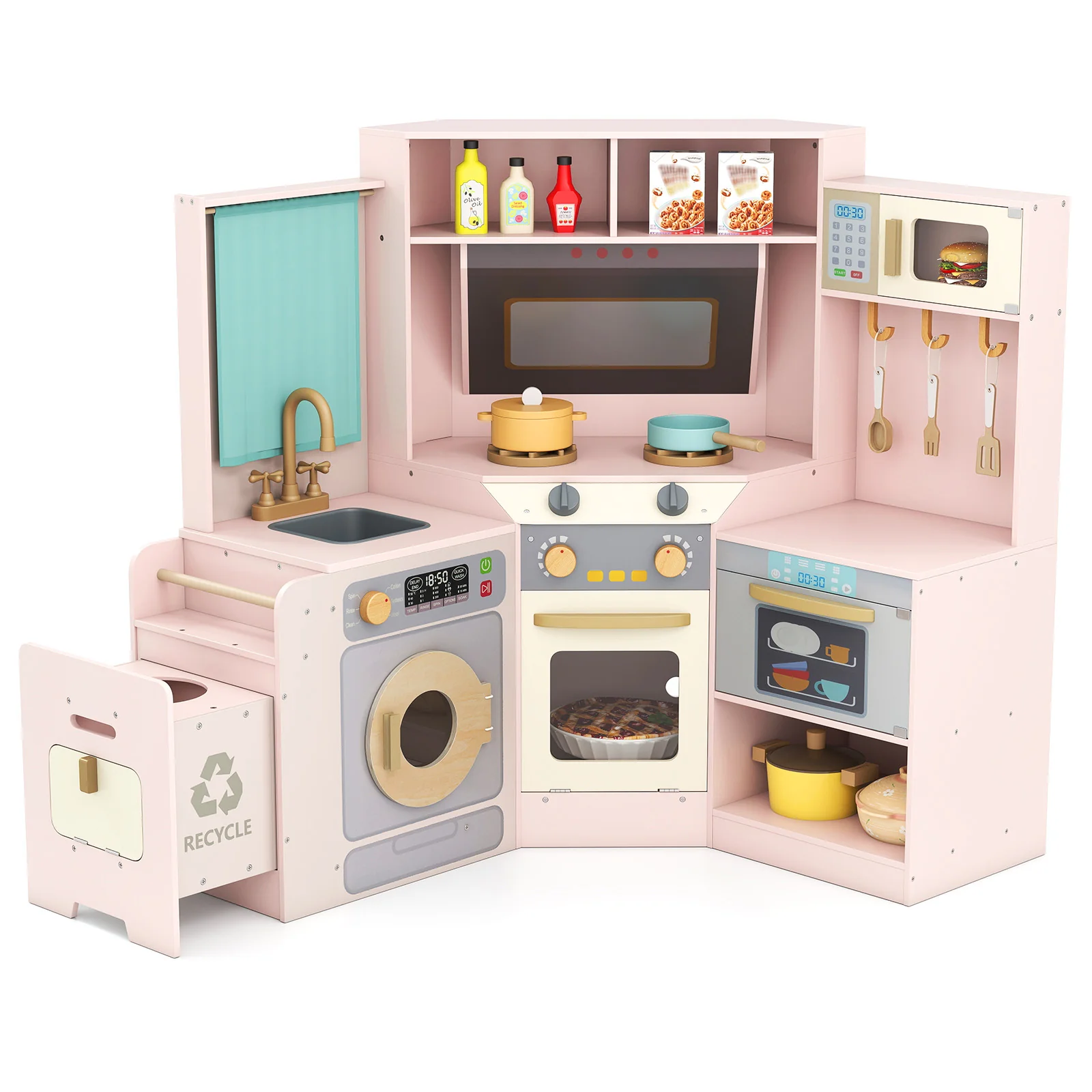 Corner Kitchen Toys with Lights and Sounds with Pull-out Trash Can and Stoves - Image 19