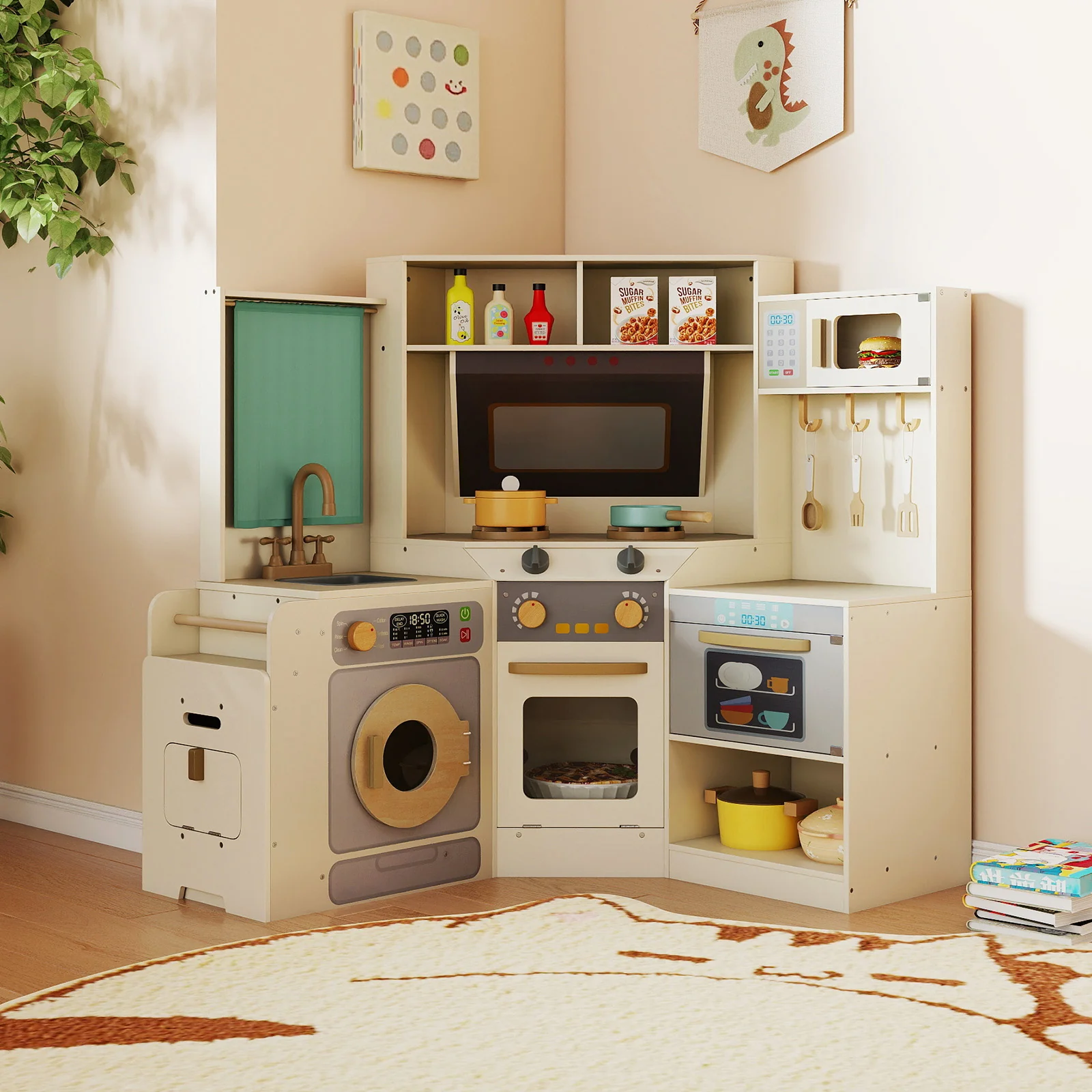 Corner Kitchen Toys with Lights and Sounds with Pull-out Trash Can and Stoves - Image 2
