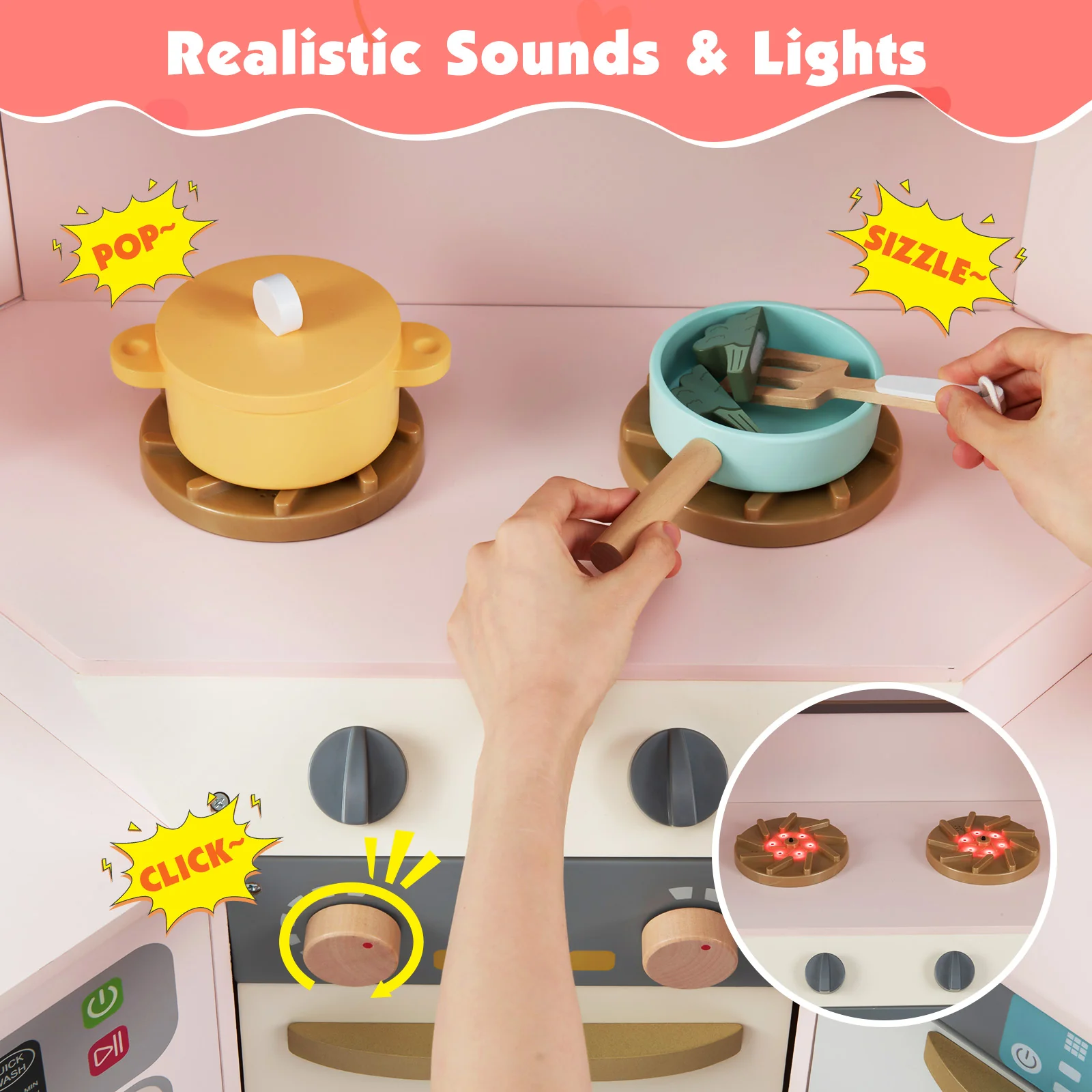 Corner Kitchen Toys with Lights and Sounds with Pull-out Trash Can and Stoves - Image 21