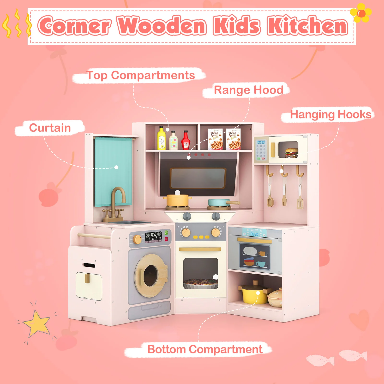 Corner Kitchen Toys with Lights and Sounds with Pull-out Trash Can and Stoves - Image 24