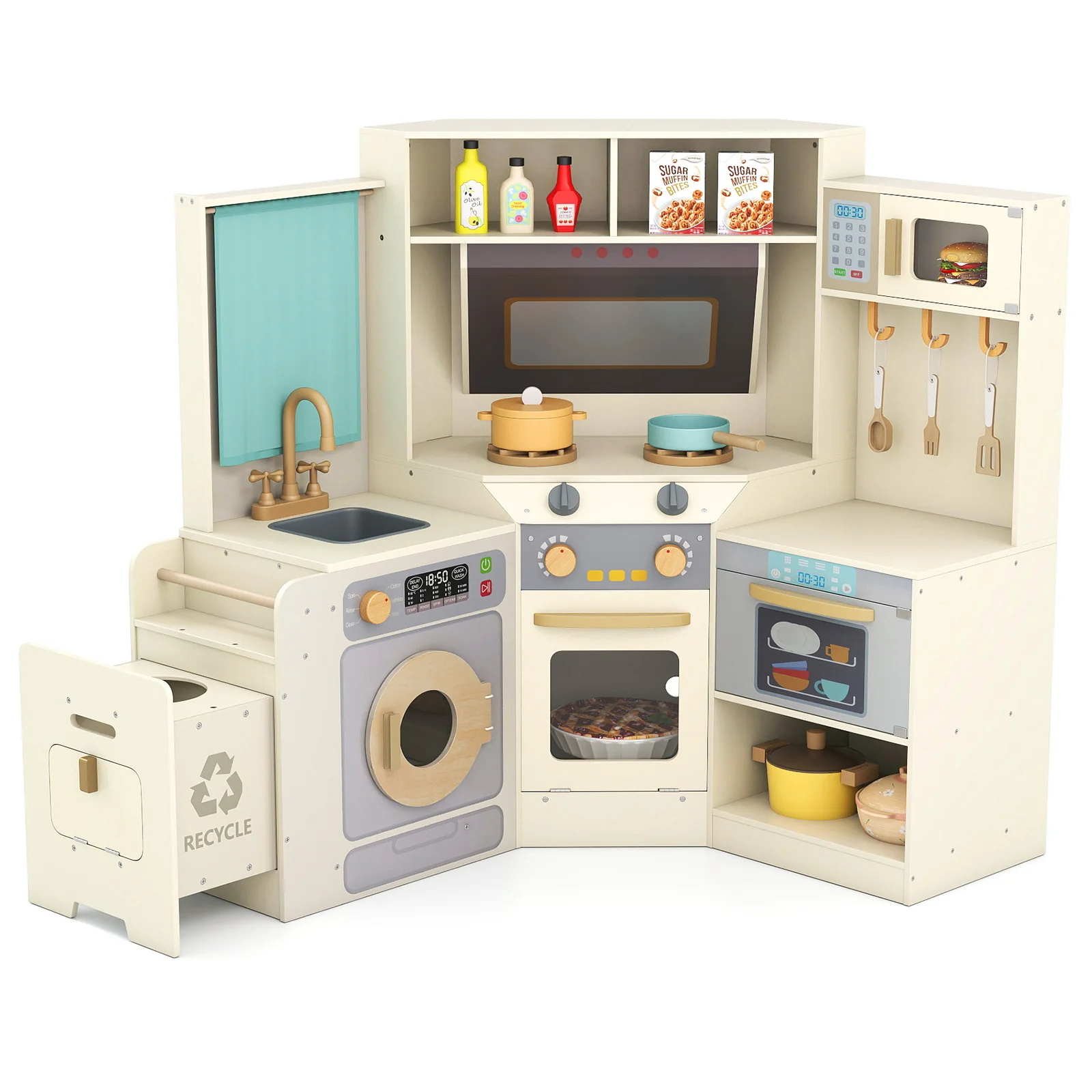 Corner Kitchen Toys with Lights and Sounds with Pull-out Trash Can and Stoves - Image 3