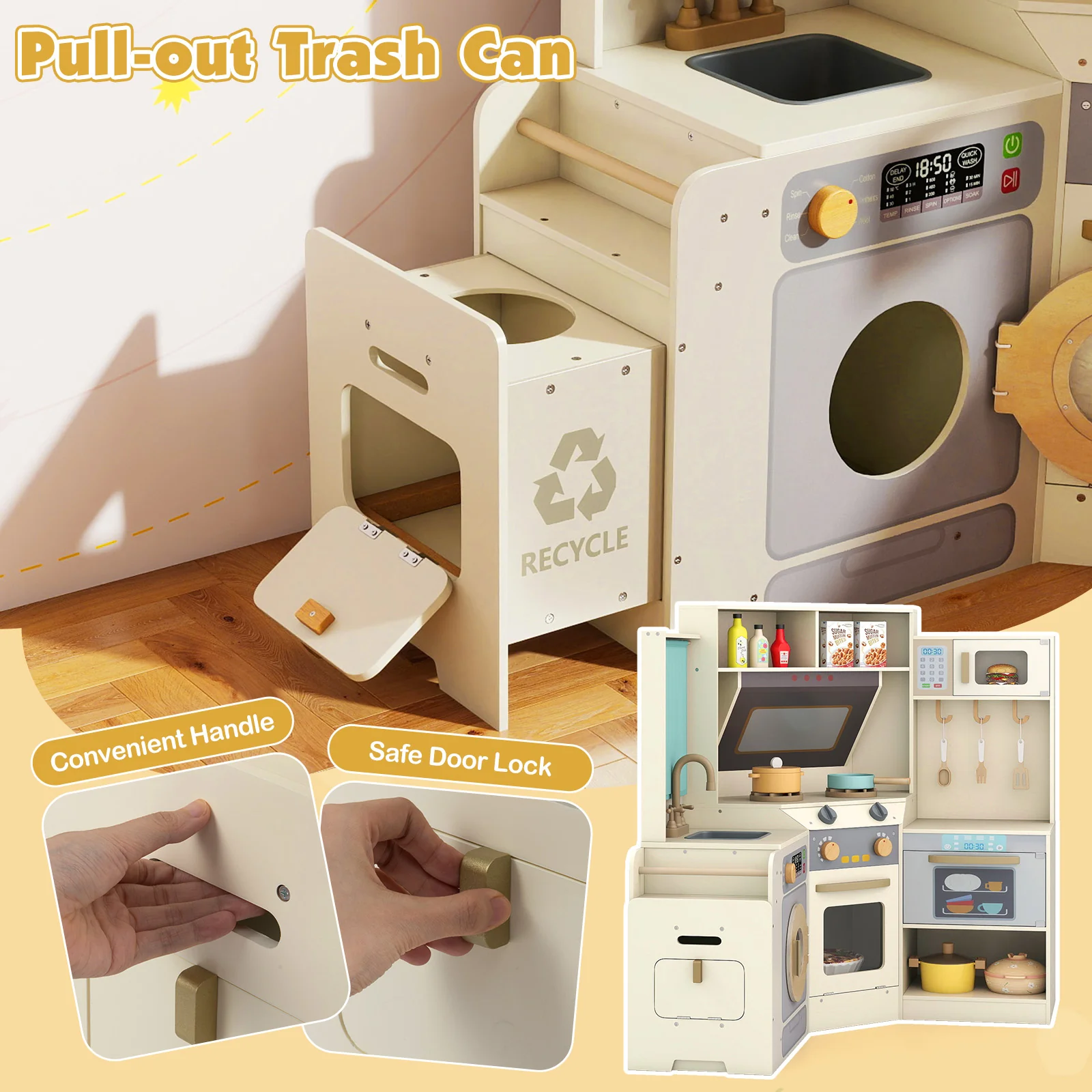 Corner Kitchen Toys with Lights and Sounds with Pull-out Trash Can and Stoves - Image 6