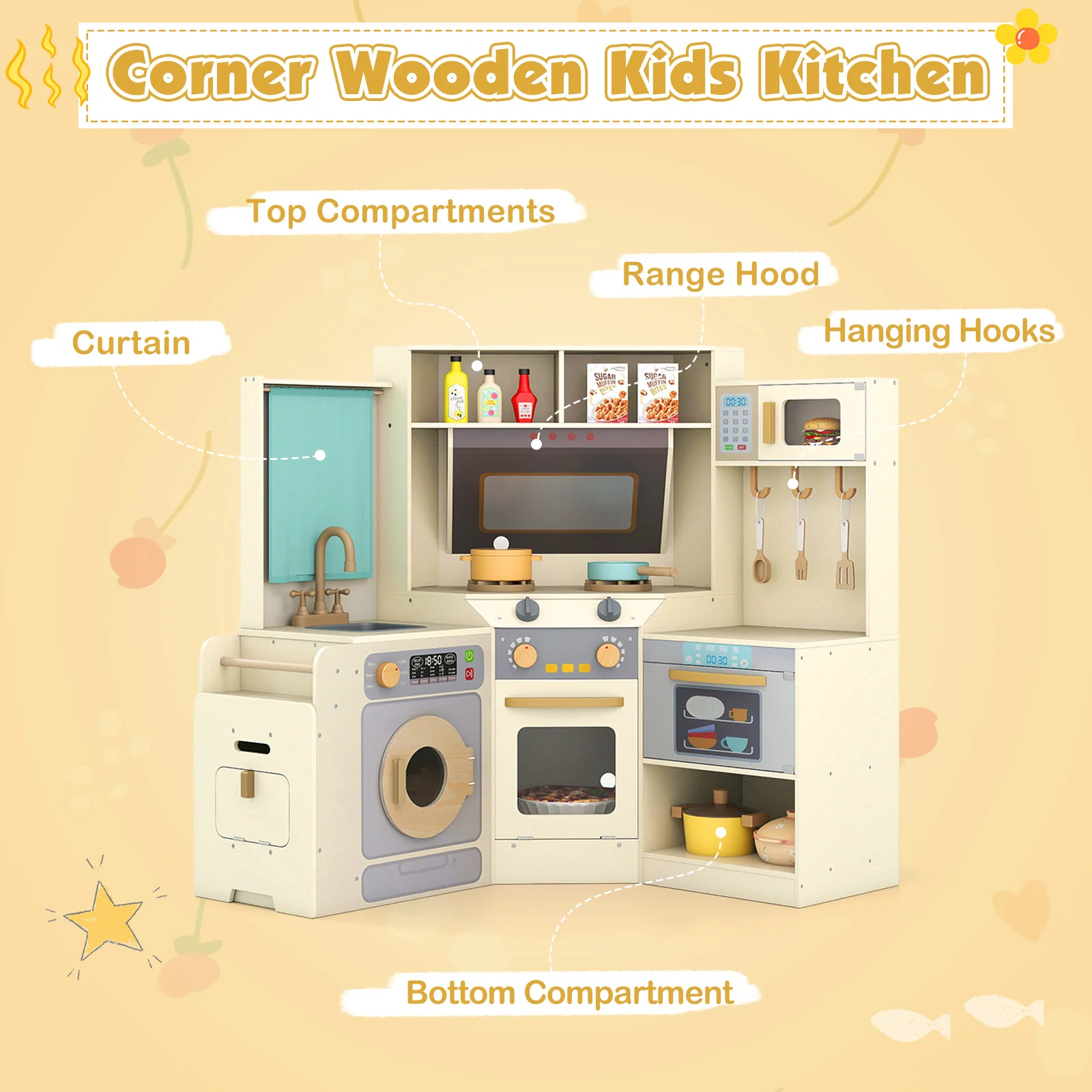 Corner Kitchen Toys with Lights and Sounds with Pull-out Trash Can and Stoves - Image 8