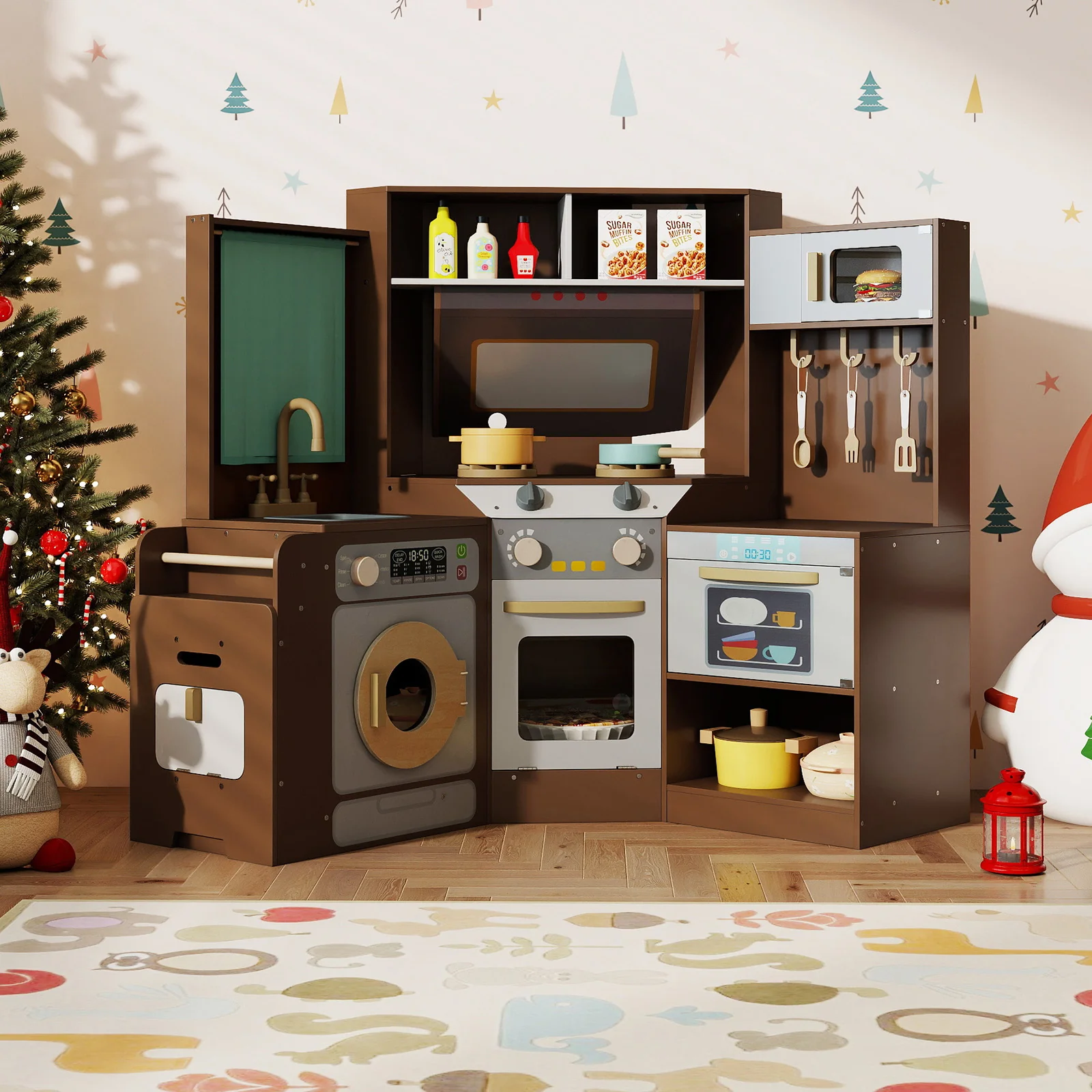 Corner Kitchen Toys with Lights and Sounds with Pull-out Trash Can and Stoves - Image 9