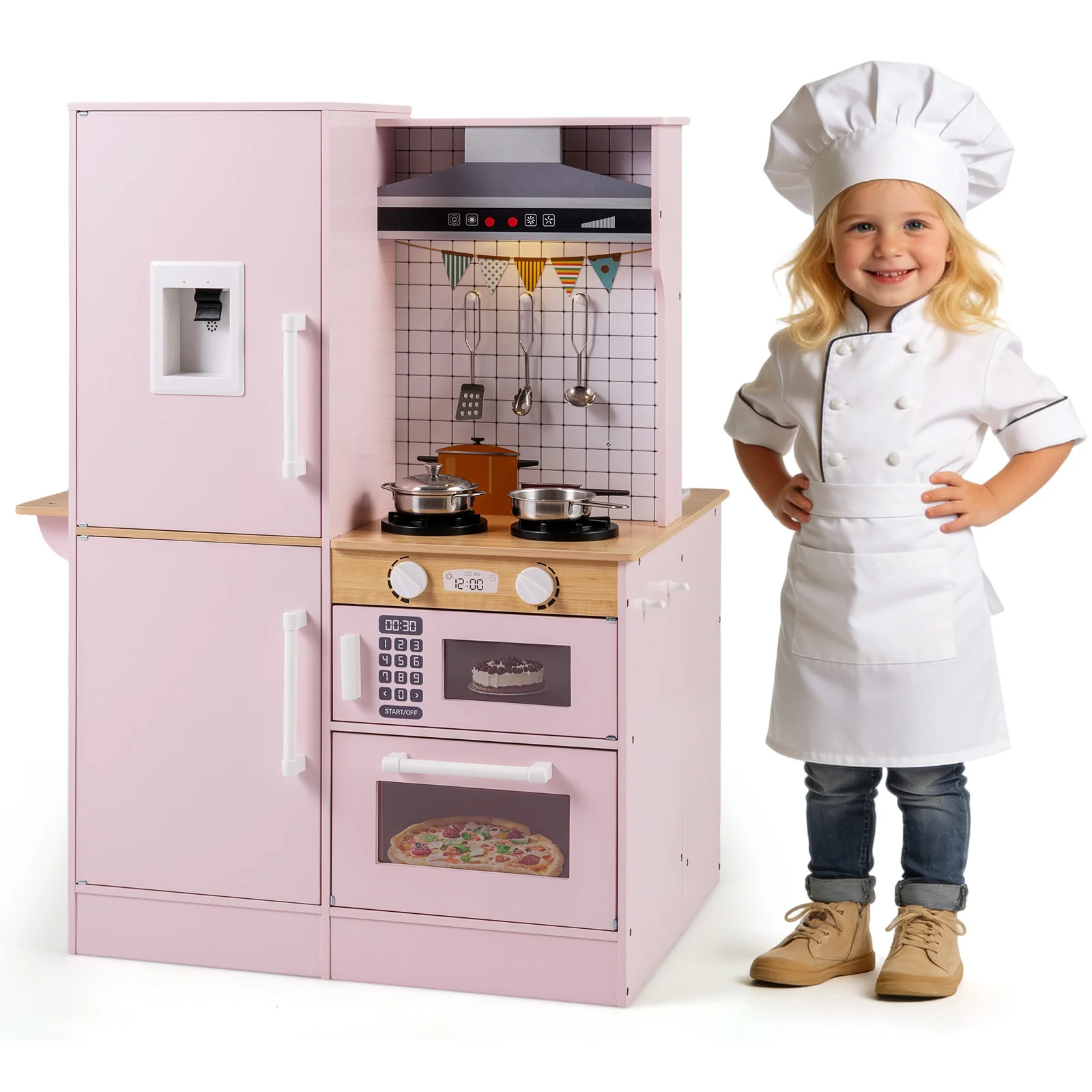 Dual-Sided Kids Play Kitchen with Water Dispenser and Range Hood for 3+ Years Old - Image 11