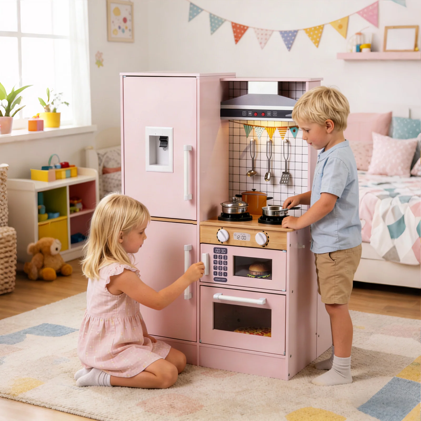 Dual-Sided Kids Play Kitchen with Water Dispenser and Range Hood for 3+ Years Old - Image 9