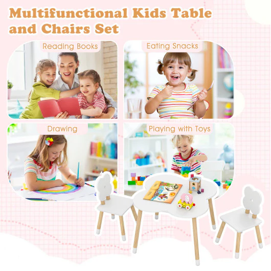 Flower-shaped Kids Table Set with Solid Pine Wood Legs-White - Image 7