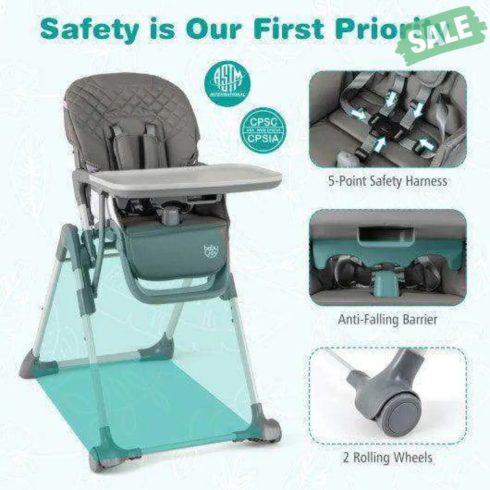 Foldable High Chair with Footrest and Detachable Tray-Beige - Image 13
