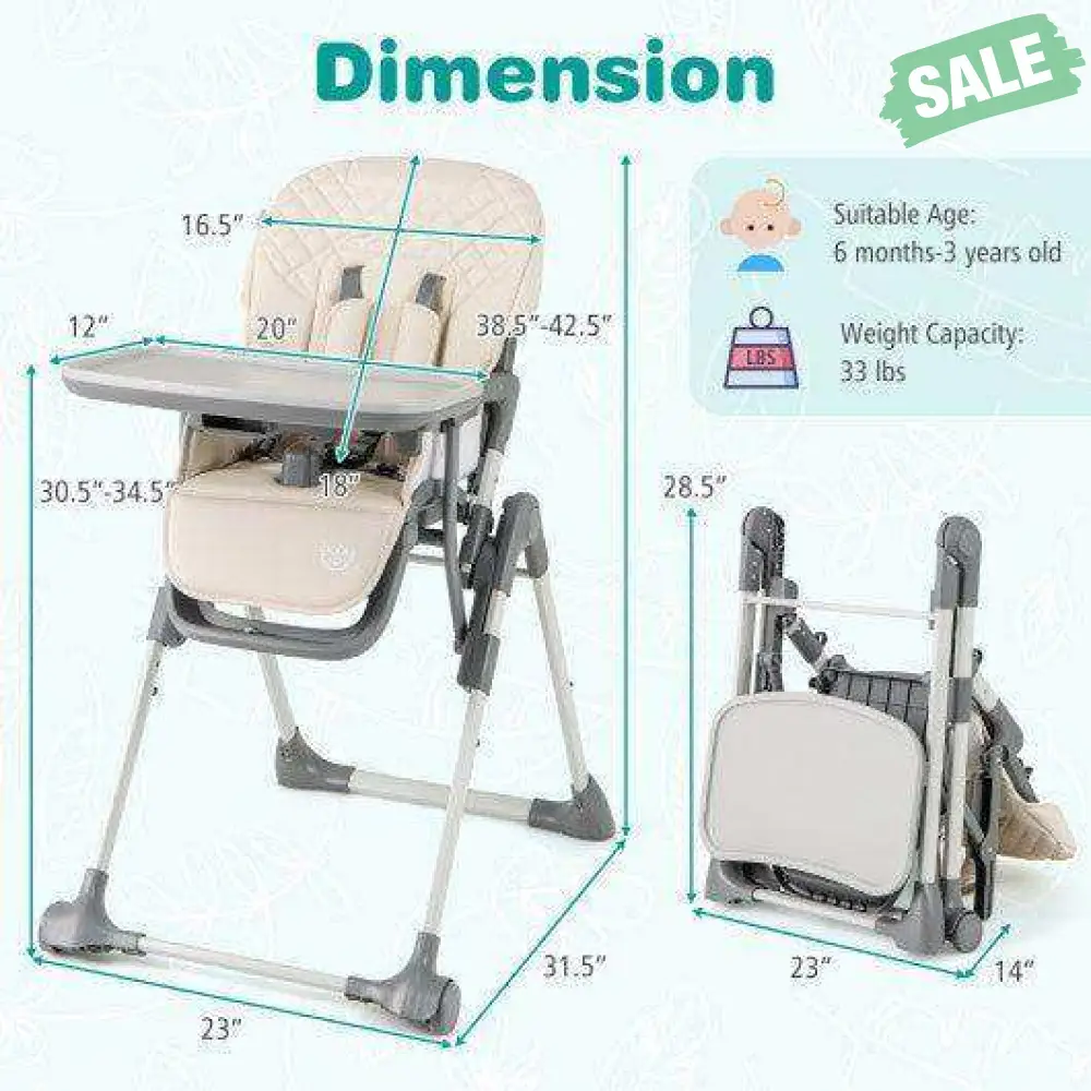 Foldable High Chair with Footrest and Detachable Tray-Beige - Image 4