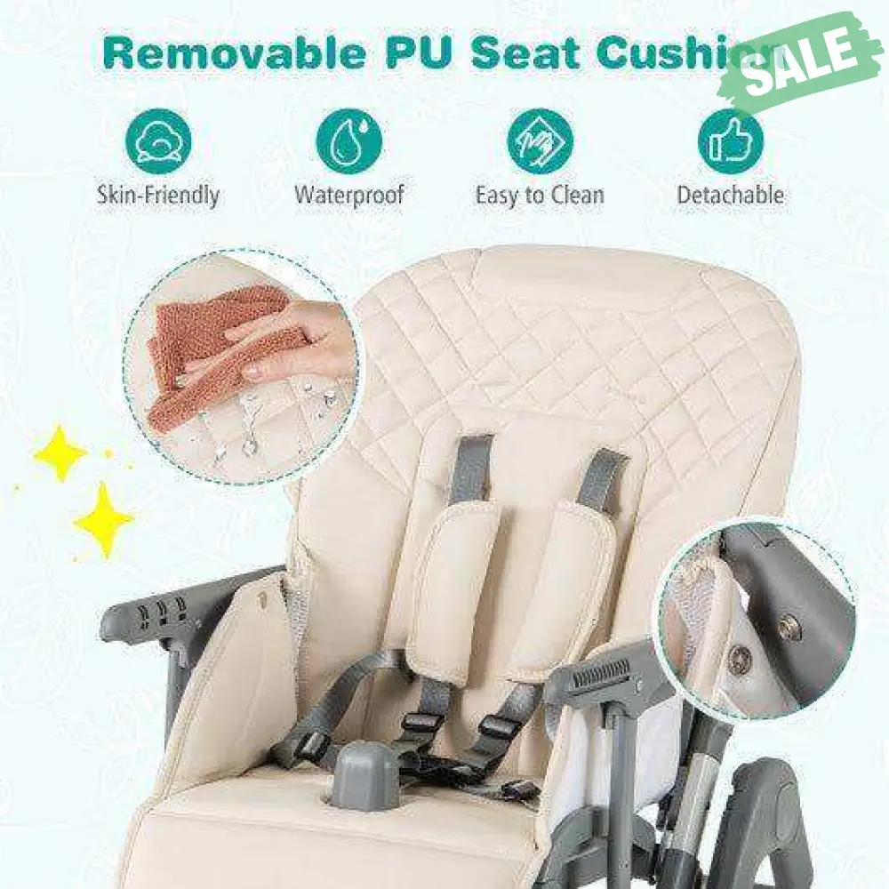 Foldable High Chair with Footrest and Detachable Tray-Beige - Image 6