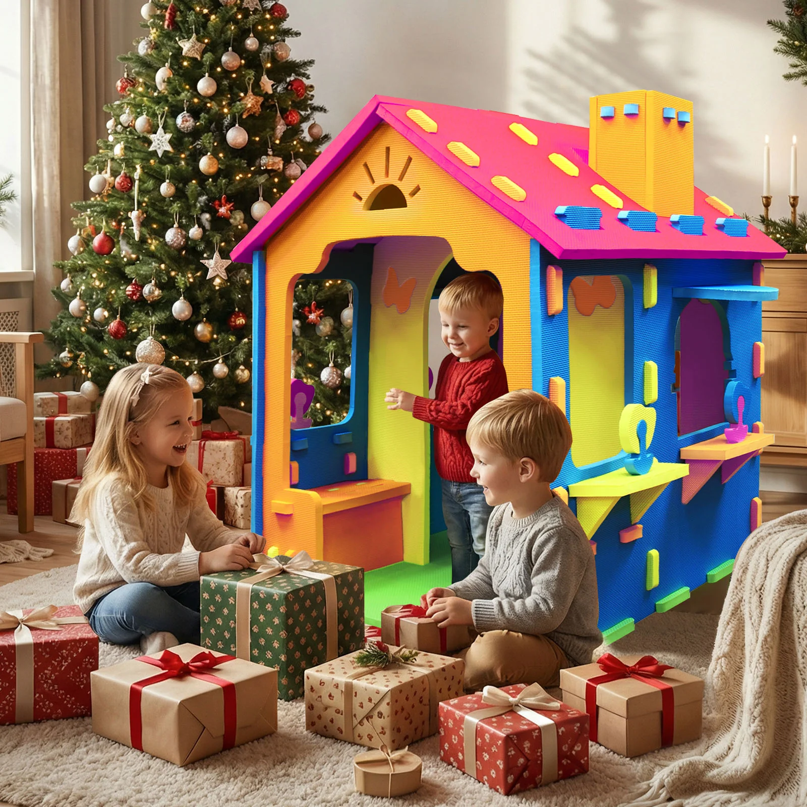 Indoor Cottage Playset with Roof and Chimney for Creative Play