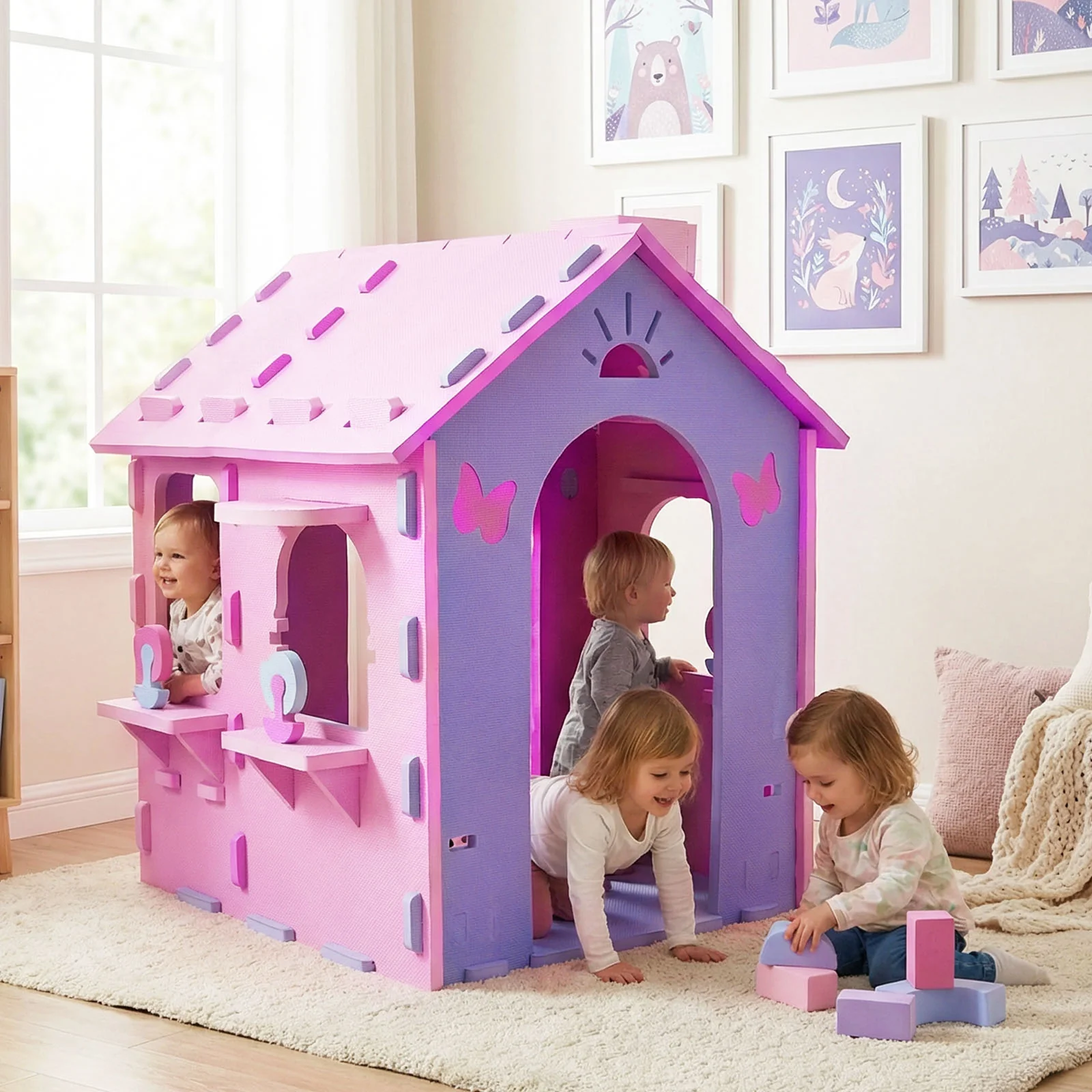 Indoor Cottage Playset with Roof and Chimney for Creative Play - Image 10