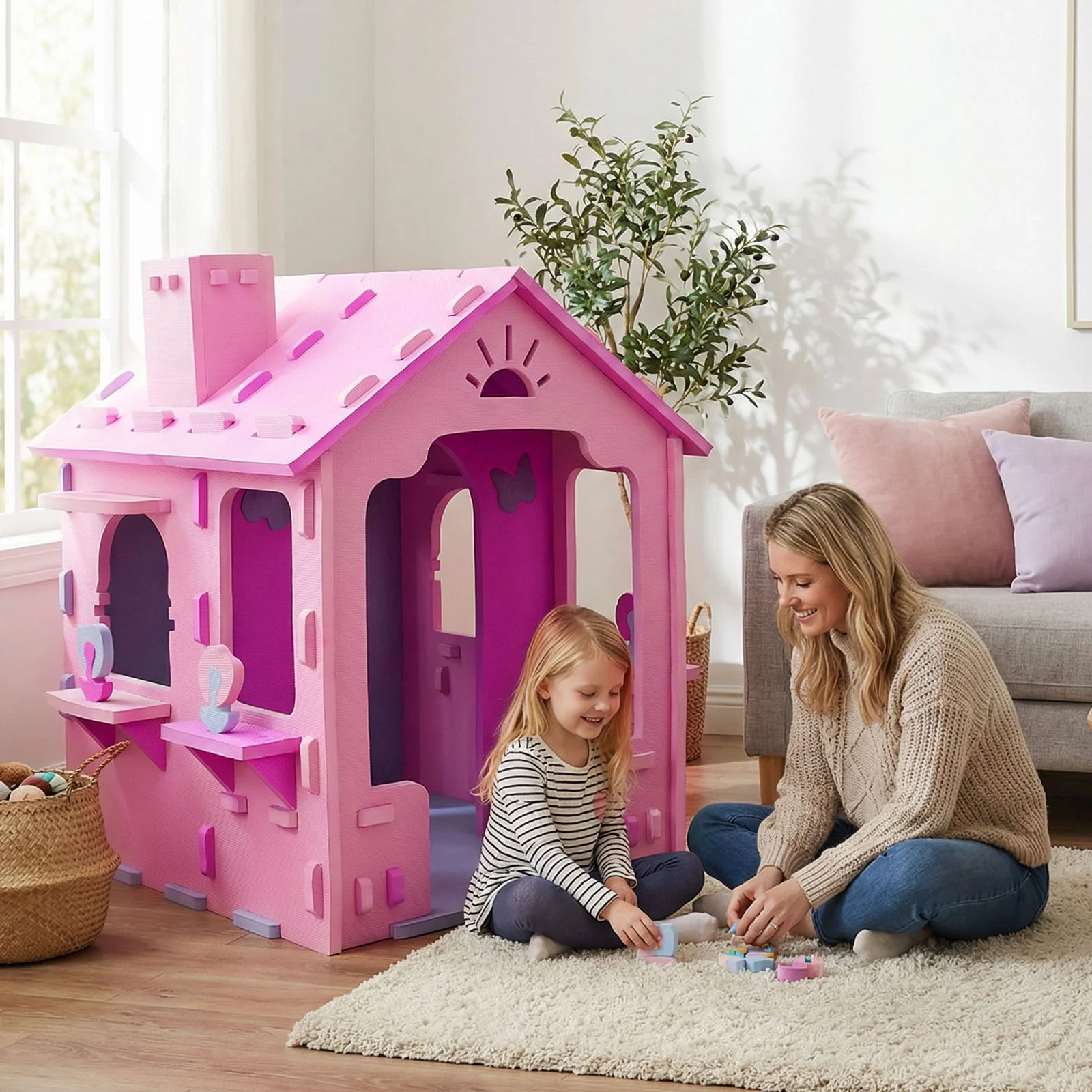 Indoor Cottage Playset with Roof and Chimney for Creative Play - Image 14