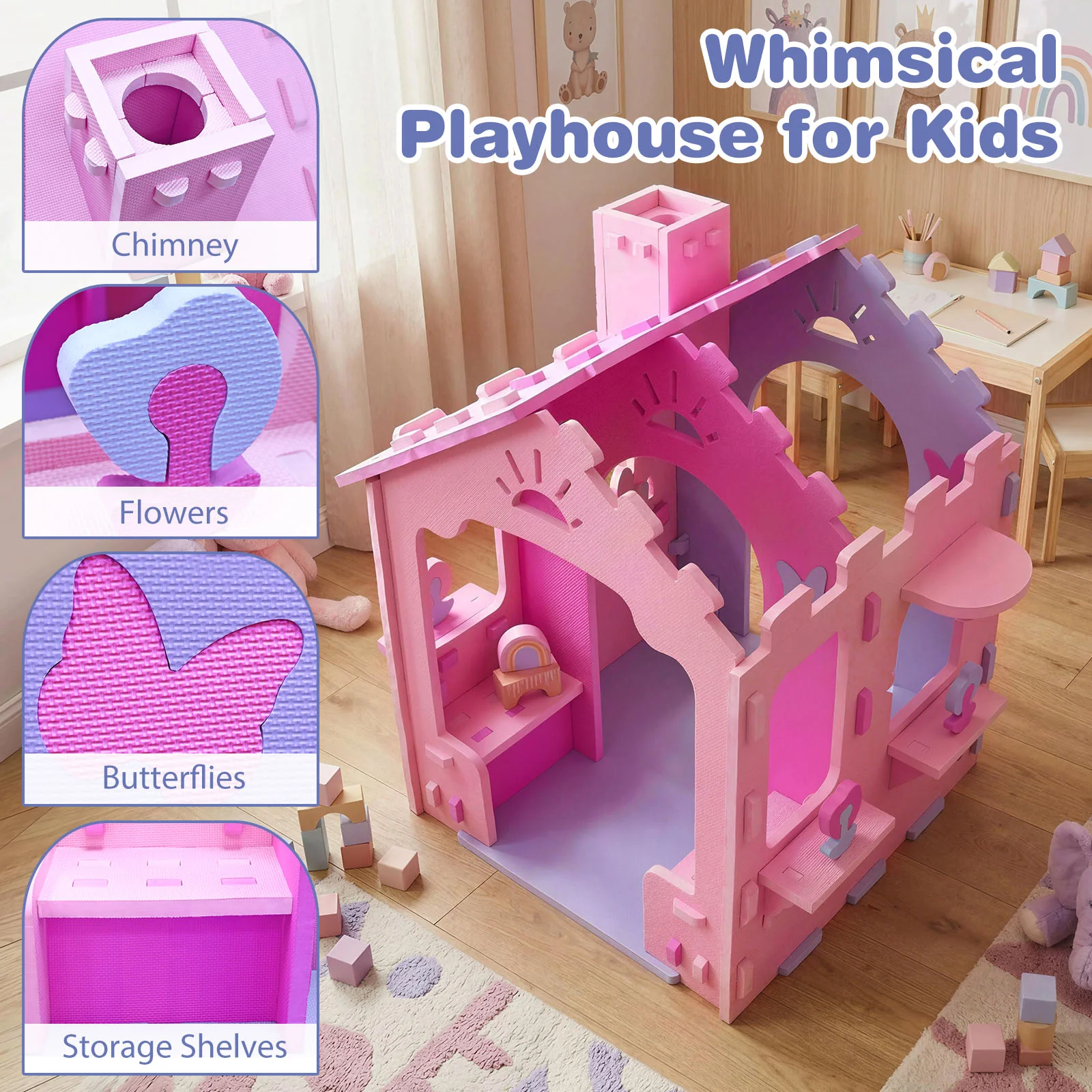 Indoor Cottage Playset with Roof and Chimney for Creative Play - Image 16