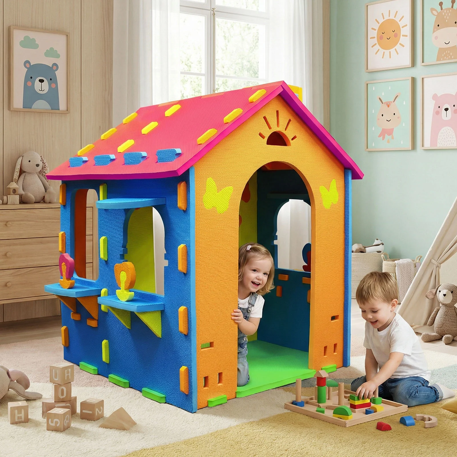 Indoor Cottage Playset with Roof and Chimney for Creative Play - Image 2
