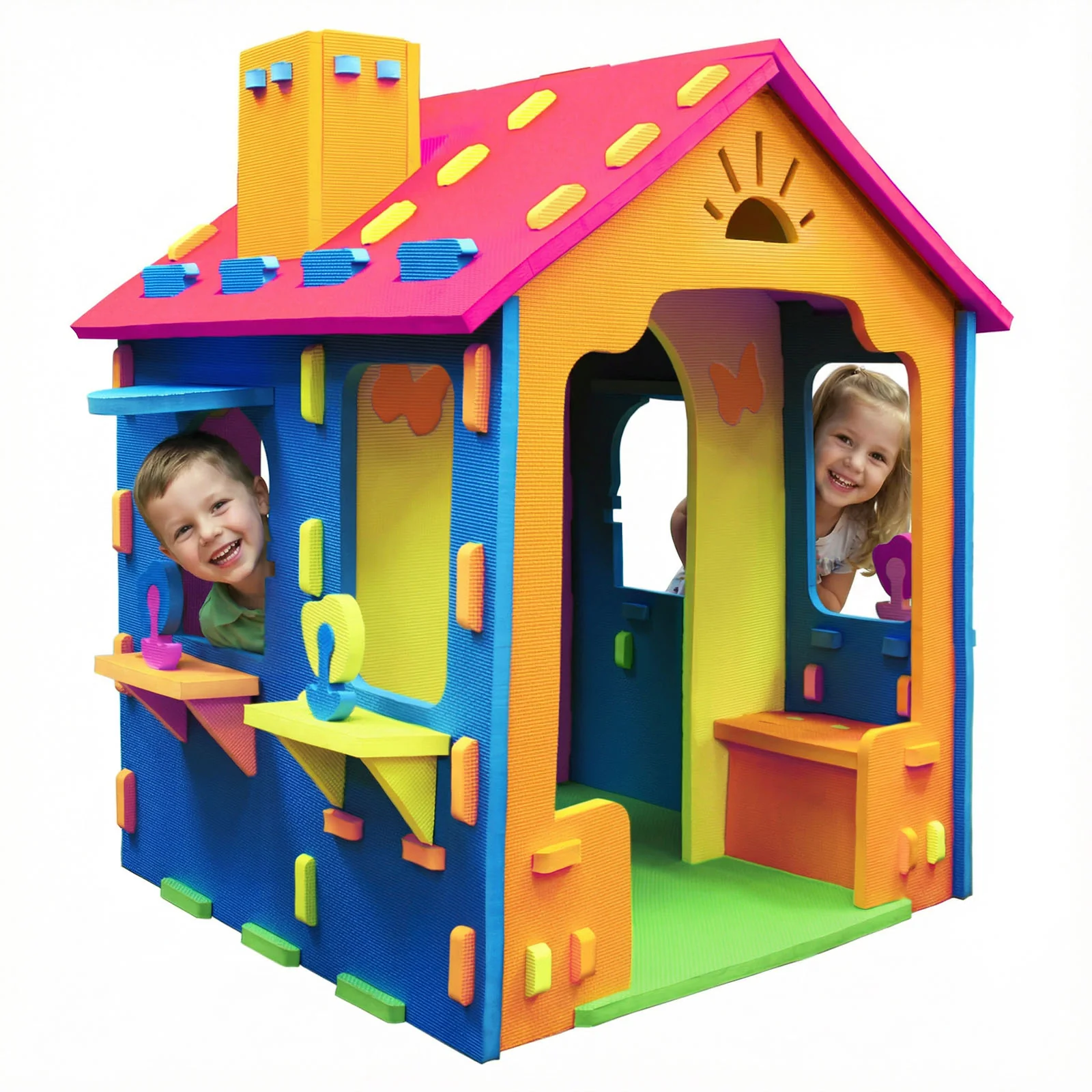 Indoor Cottage Playset with Roof and Chimney for Creative Play - Image 4