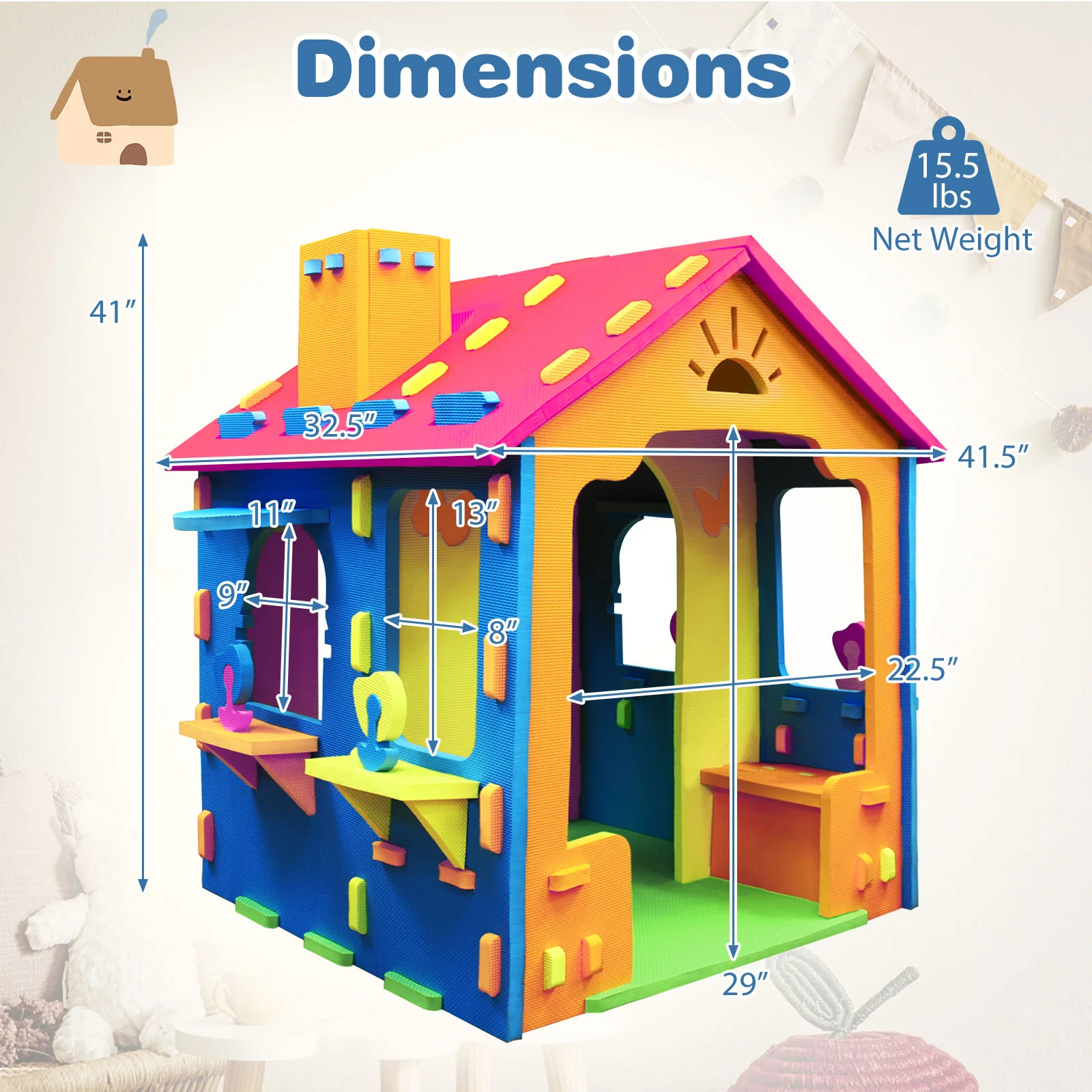 Indoor Cottage Playset with Roof and Chimney for Creative Play - Image 5