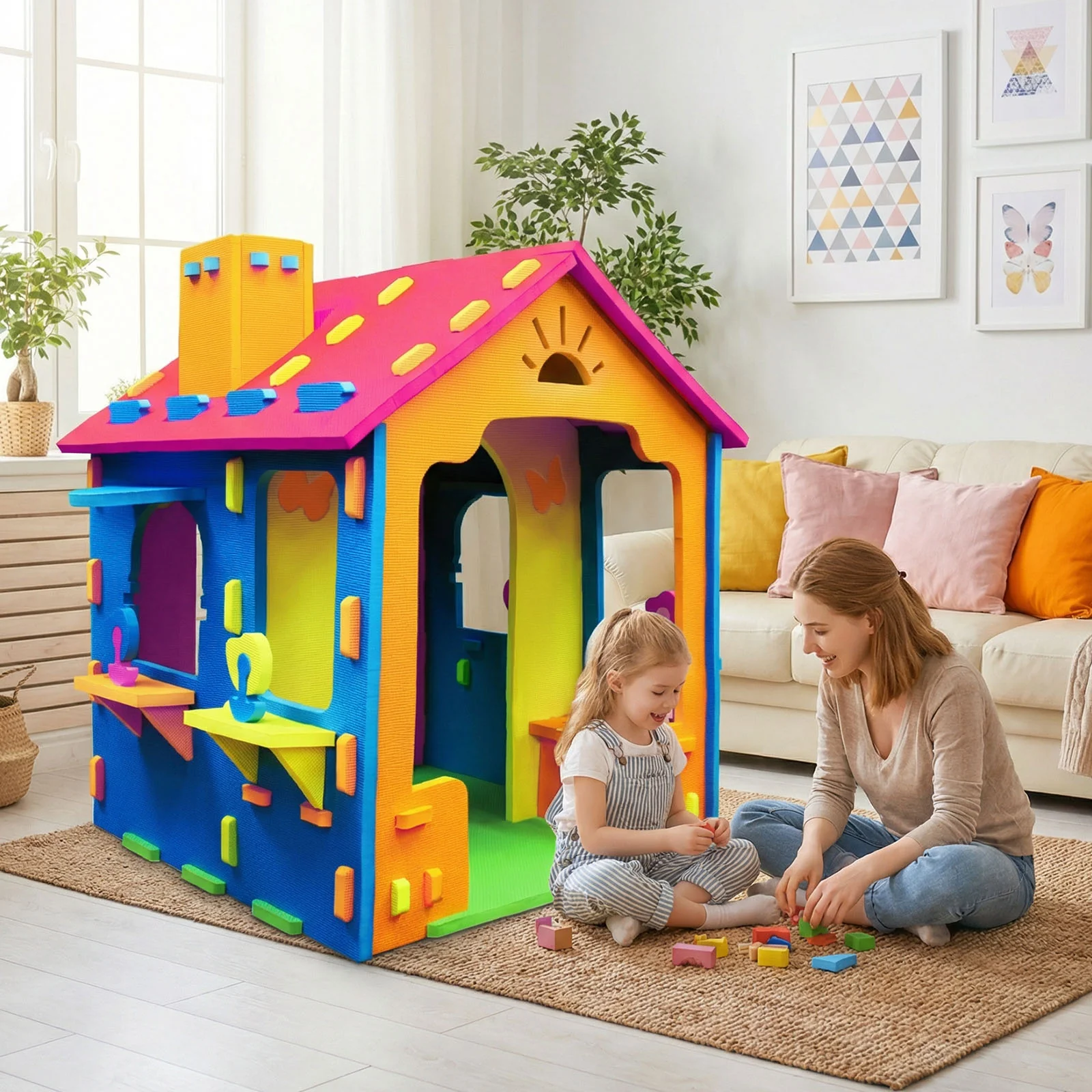 Indoor Cottage Playset with Roof and Chimney for Creative Play - Image 6