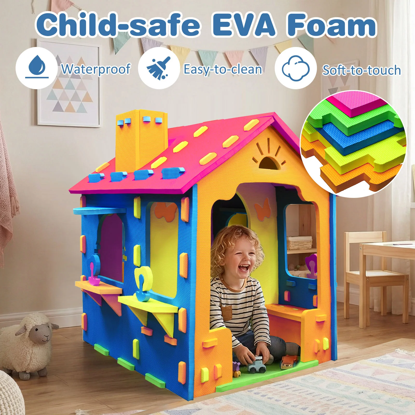 Indoor Cottage Playset with Roof and Chimney for Creative Play - Image 7