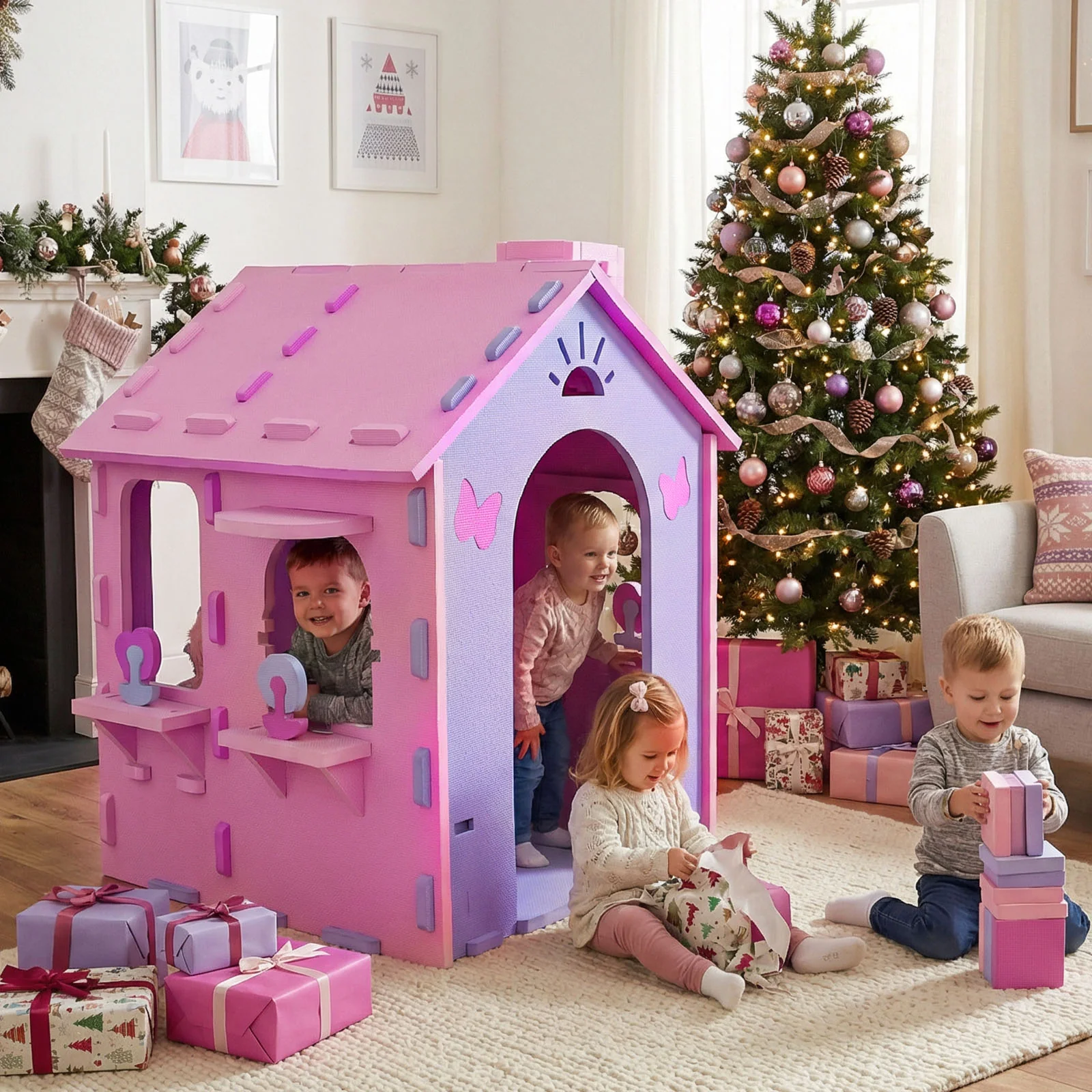 Indoor Cottage Playset with Roof and Chimney for Creative Play - Image 9
