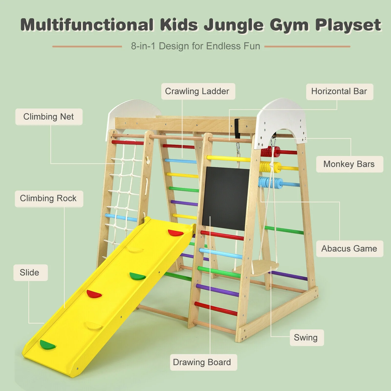 Indoor Playground Climbing Gym Wooden 8-in-1 Climber Playset for Children - Image 15