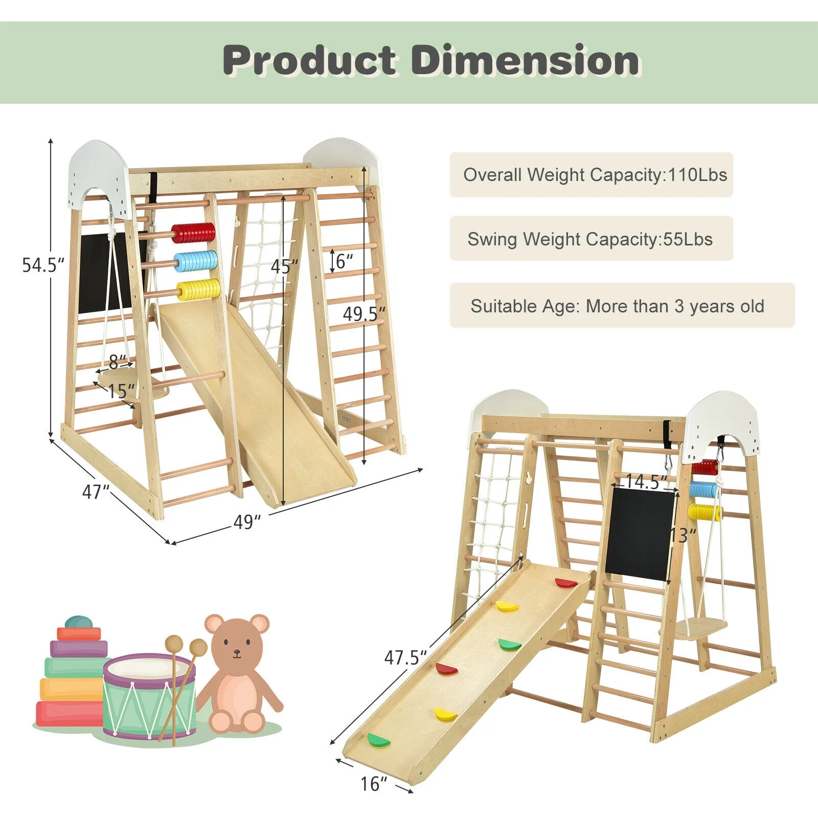 Indoor Playground Climbing Gym Wooden 8-in-1 Climber Playset for Children - Image 5