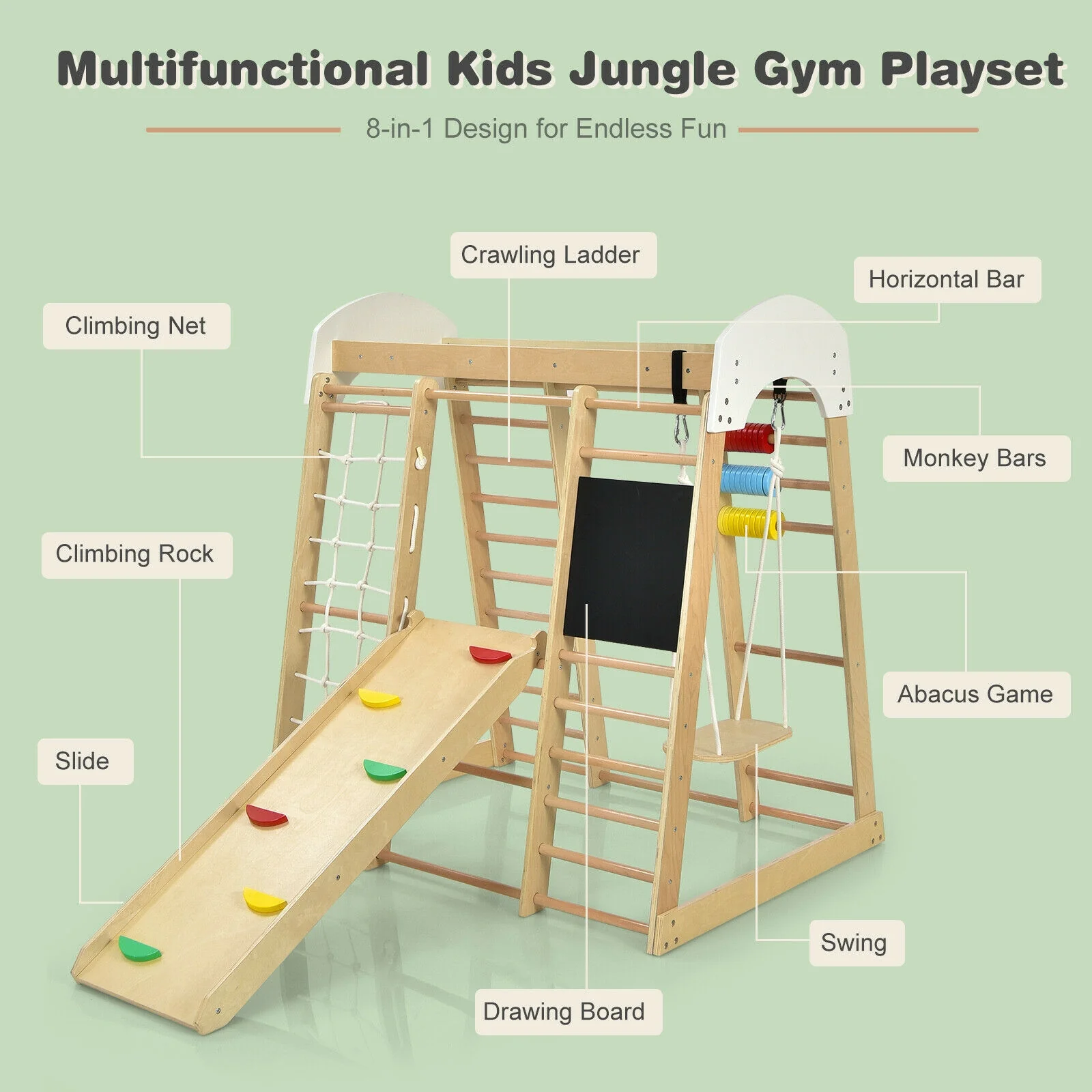 Indoor Playground Climbing Gym Wooden 8-in-1 Climber Playset for Children - Image 7