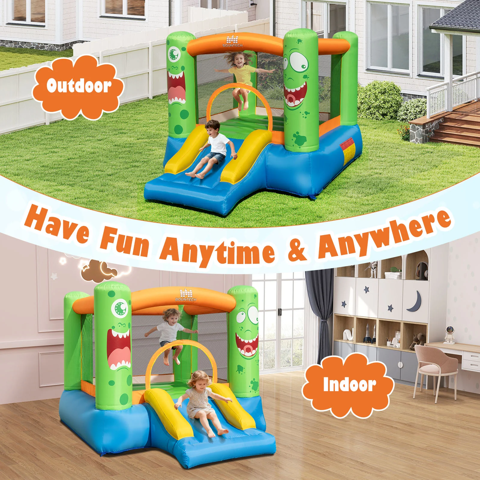 Inflatable Bounce House Monster Themed Bouncy Castle with Large Jumping Area and Slide 550W Blower Included - Image 2