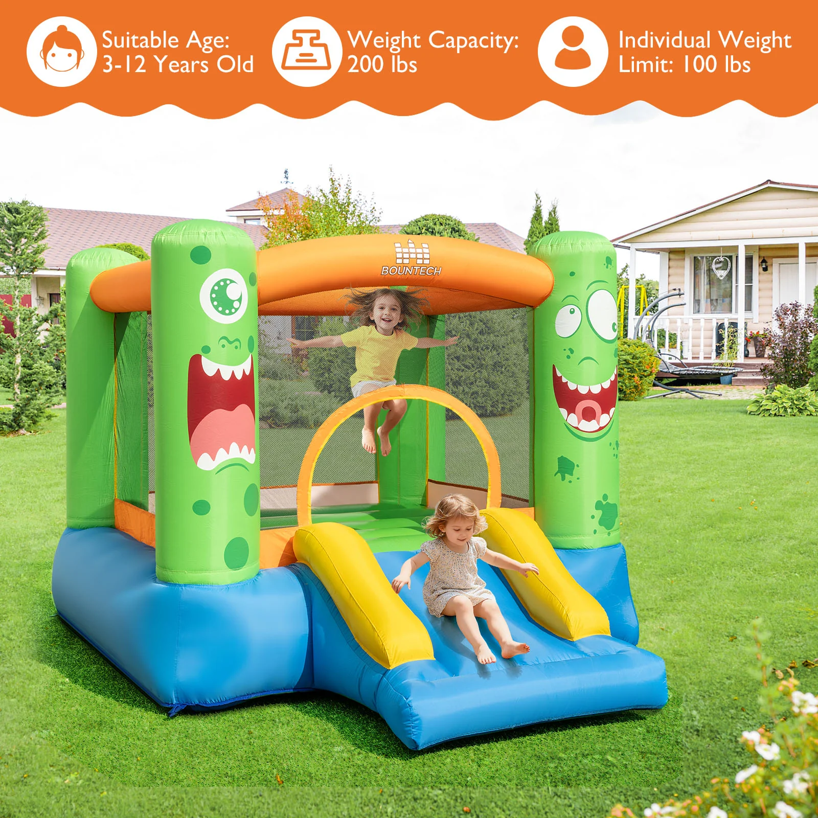 Inflatable Bounce House Monster Themed Bouncy Castle with Large Jumping Area and Slide 550W Blower Included - Image 7