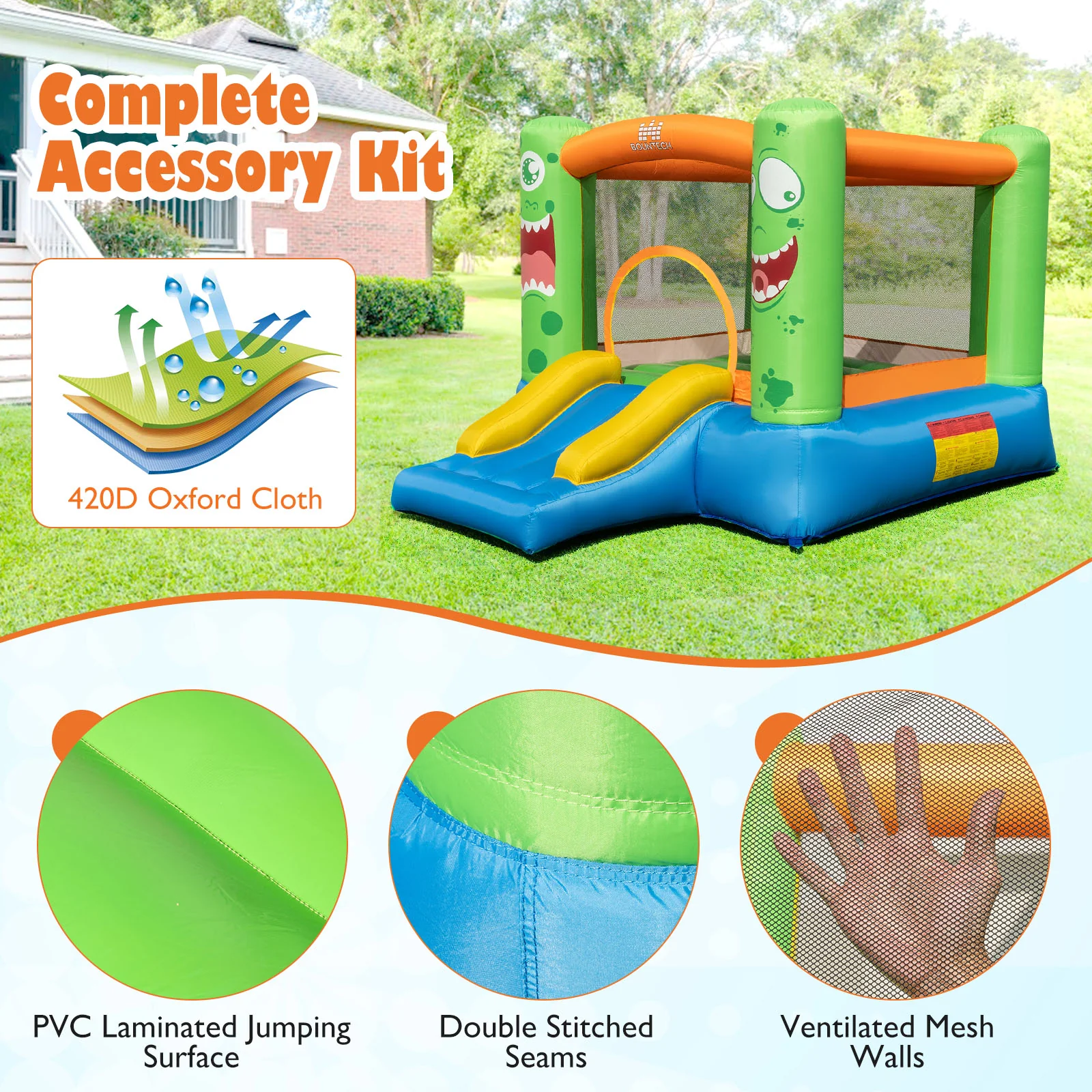 Inflatable Bounce House Monster Themed Bouncy Castle with Large Jumping Area and Slide 550W Blower Included - Image 8