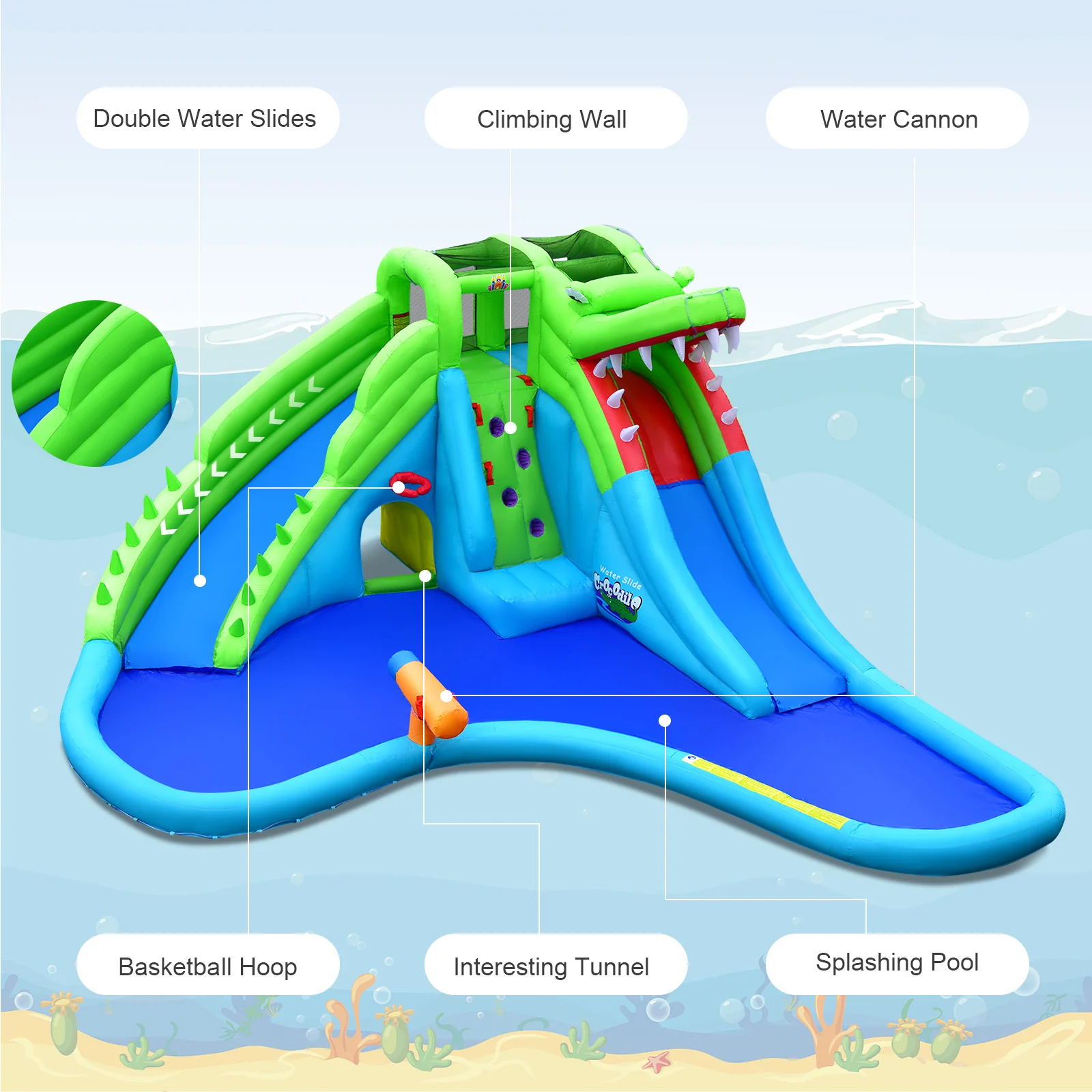 Inflatable Crocodile Style Water Slide Upgraded Kids Bounce Castle with 680W Blower - Image 6