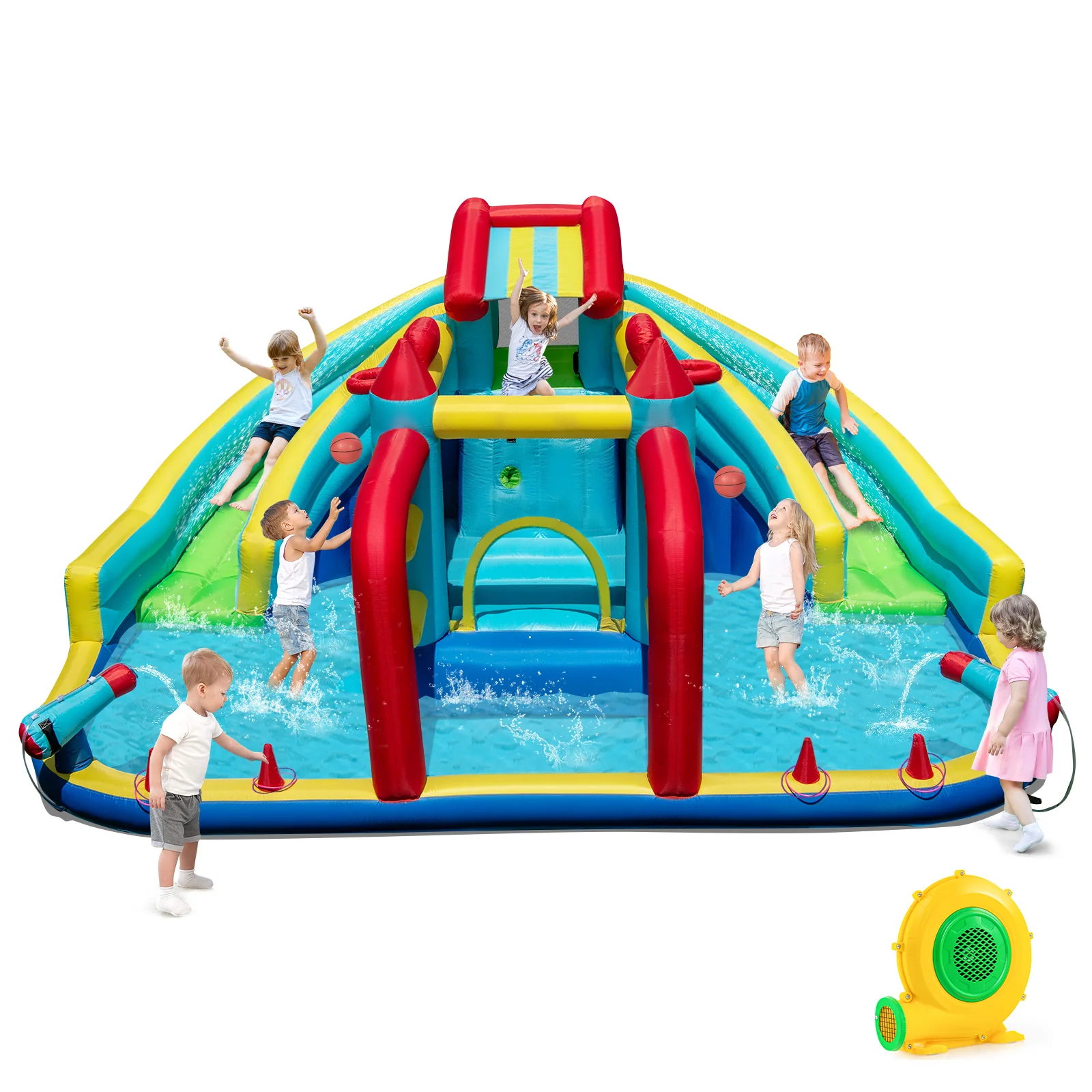 Inflatable Double Water Slide Park with Obstacle Course and 680W Blower - Image 3