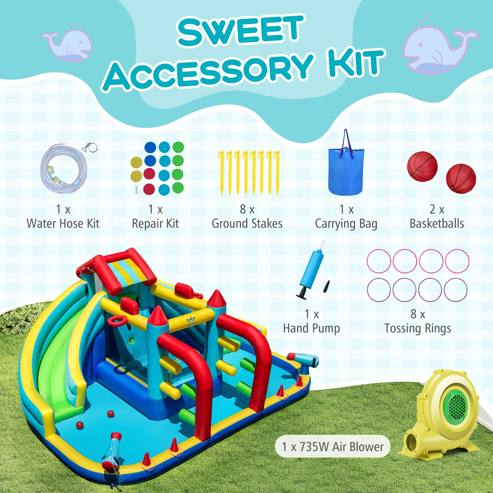 Inflatable Double Water Slide Park with Obstacle Course and 735W Blower - Image 7