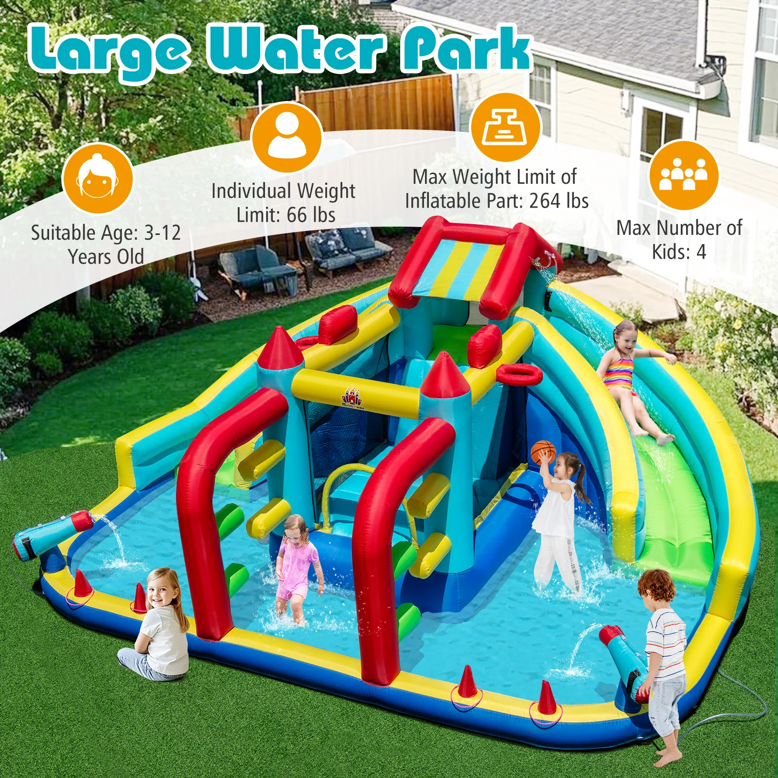 Inflatable Double Water Slide Park with Obstacle Course and Basketball Hoops - Image 8