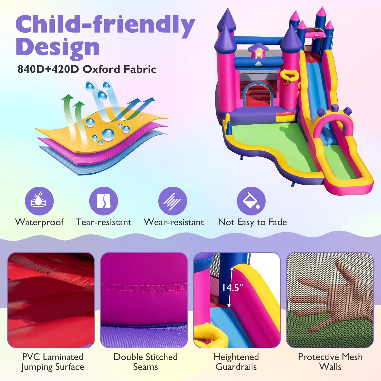 Inflatable Water Slide Princess Themed Bounce Castle with Climbing Wall 680W Blower Included - Image 5