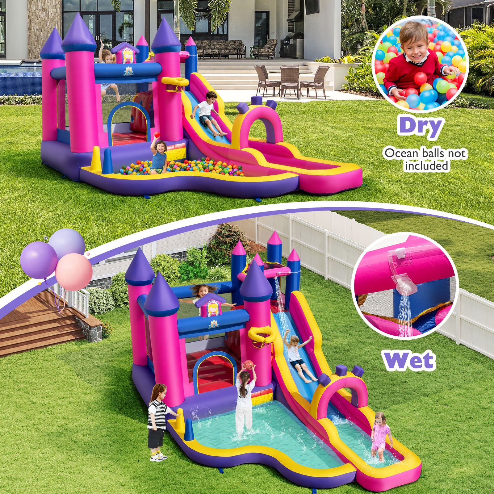 Inflatable Water Slide Princess Themed Bounce Castle with Climbing Wall 680W Blower Included - Image 6