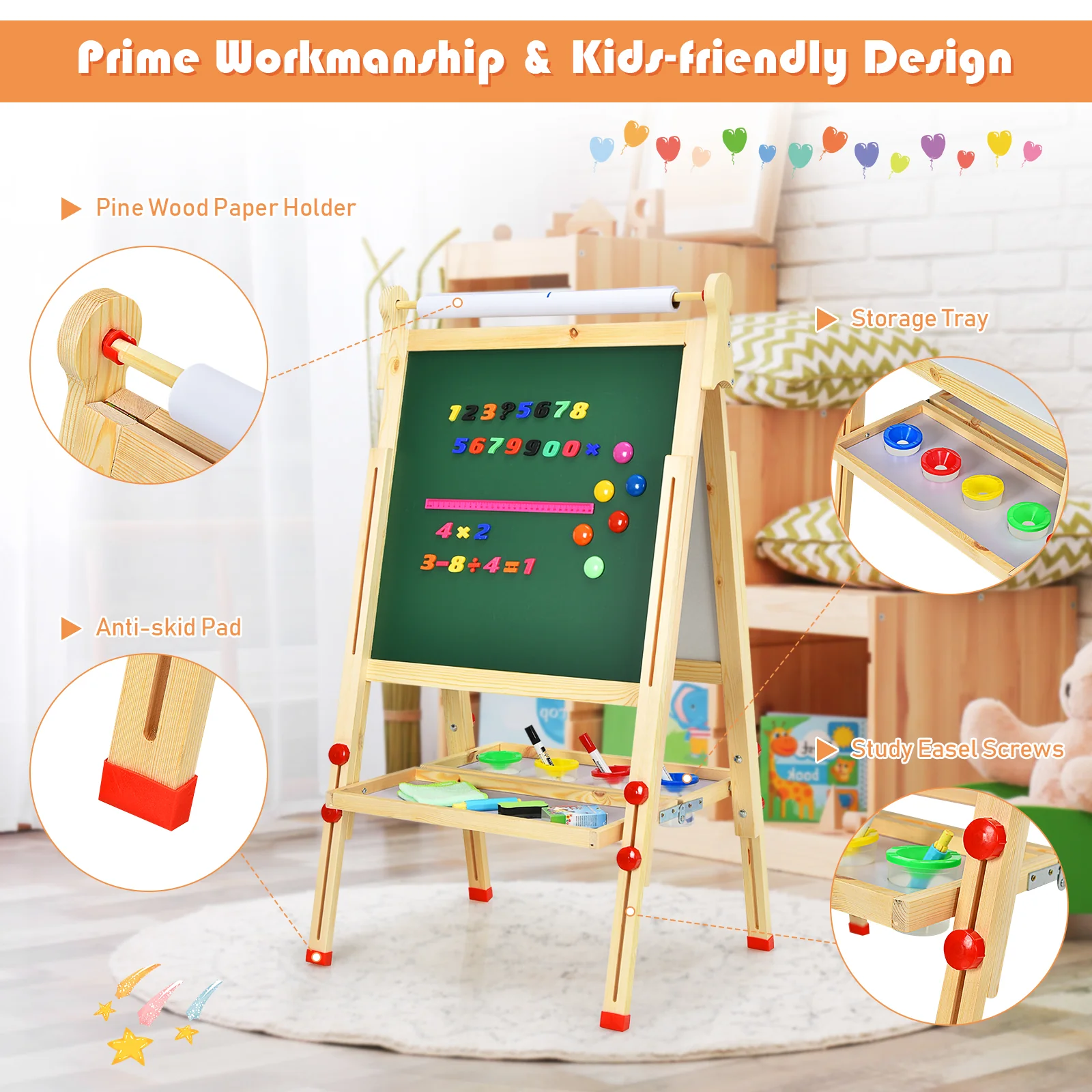 Kids Art Easel with Paper Roll Double-Sided Regulable Drawing Easel Plank - Image 6