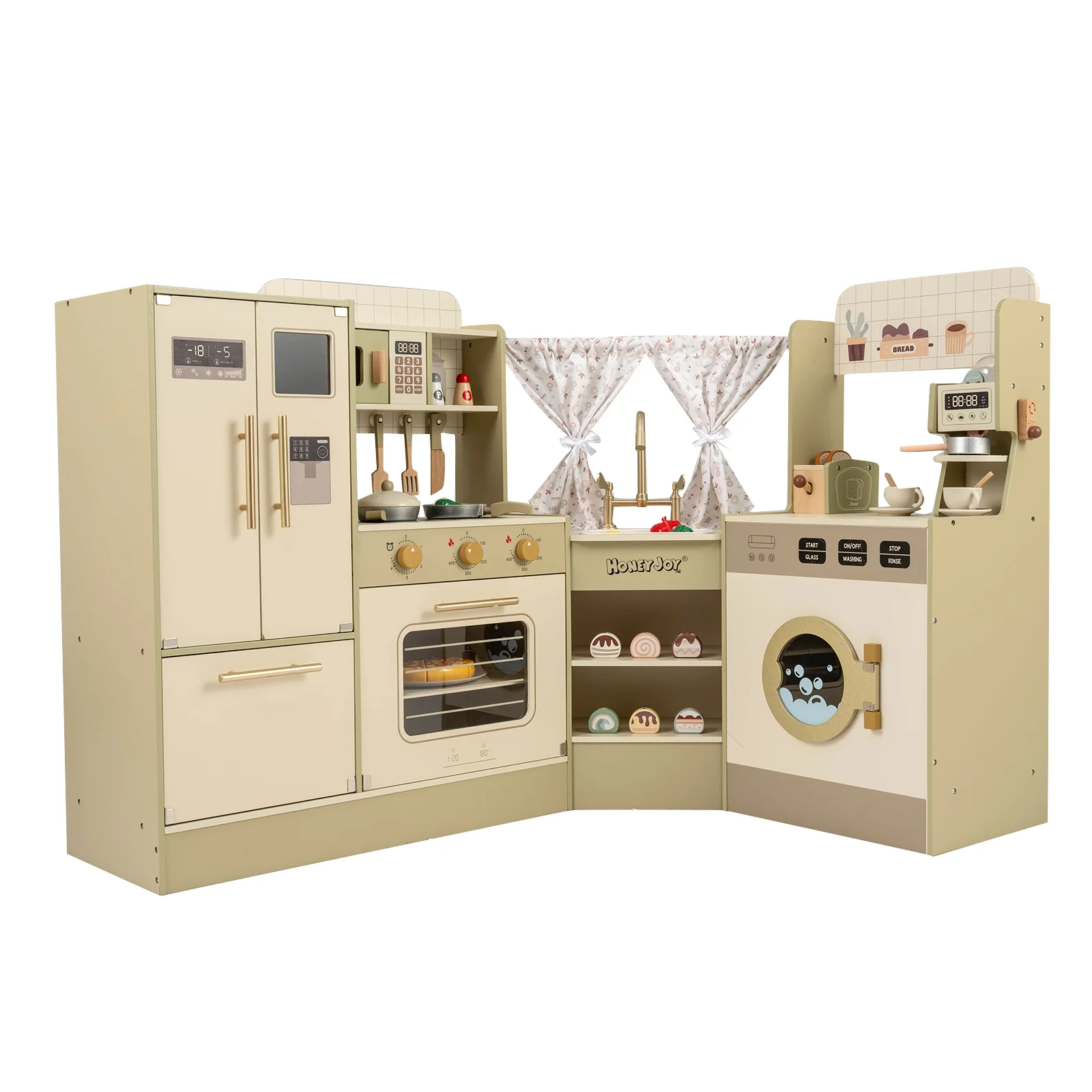Kids Corner Play Kitchen with Faucet and Dishwasher and Stoves-Green - Image 2