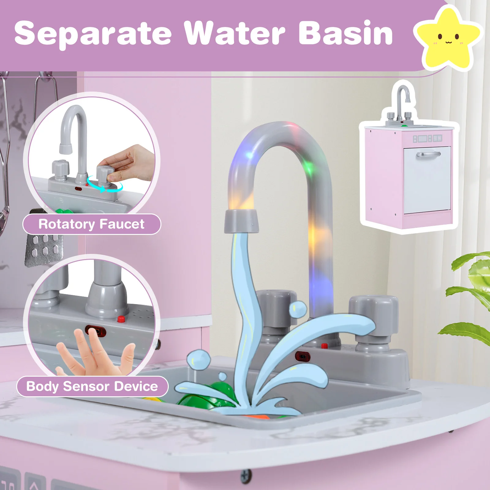 Kids Corner Pretend Kitchen Playset with Separated Washing Basin - Image 21