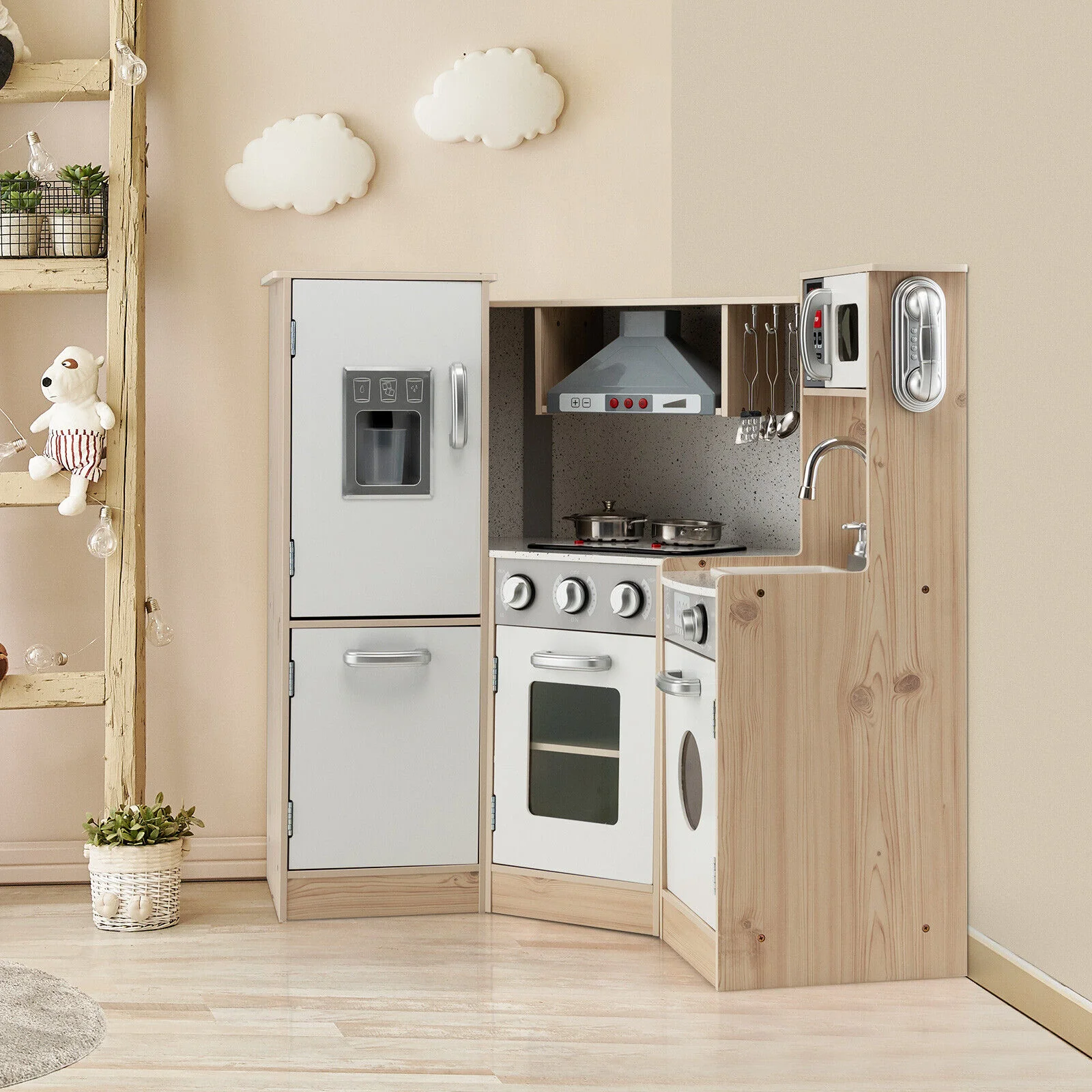 Kids Corner Wooden Kitchen Playset with Cookware Accessories - Image 2