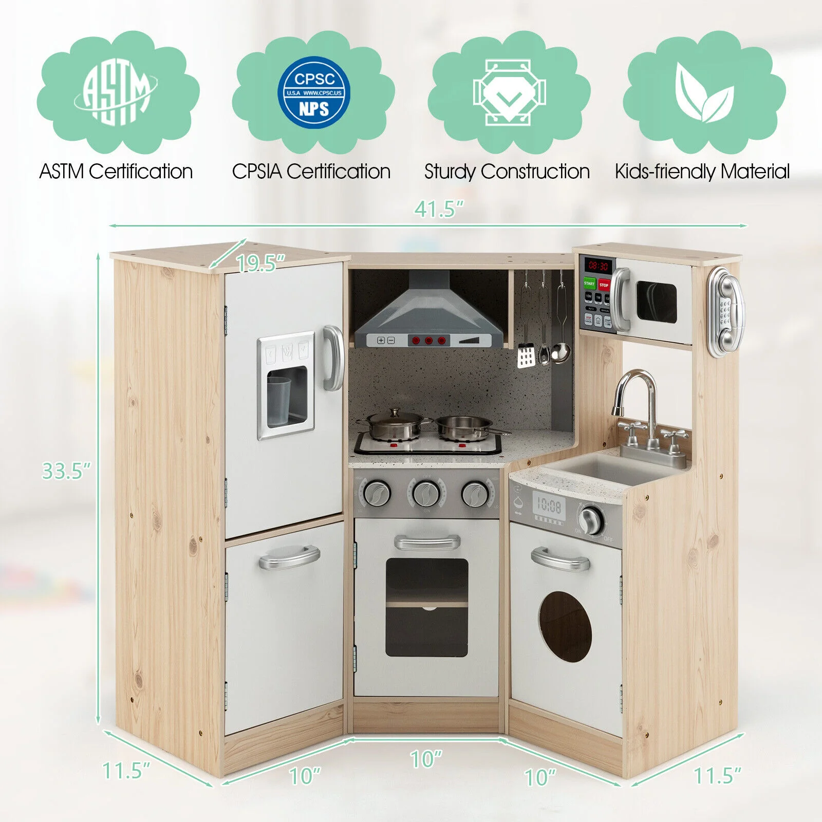 Kids Corner Wooden Kitchen Playset with Cookware Accessories - Image 4