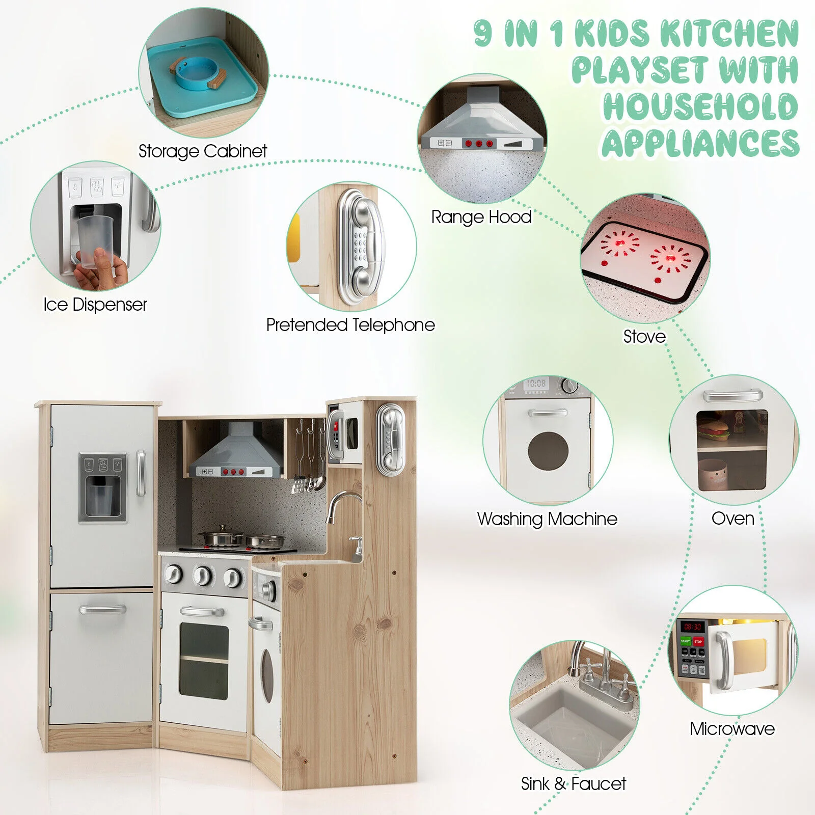 Kids Corner Wooden Kitchen Playset with Cookware Accessories - Image 8