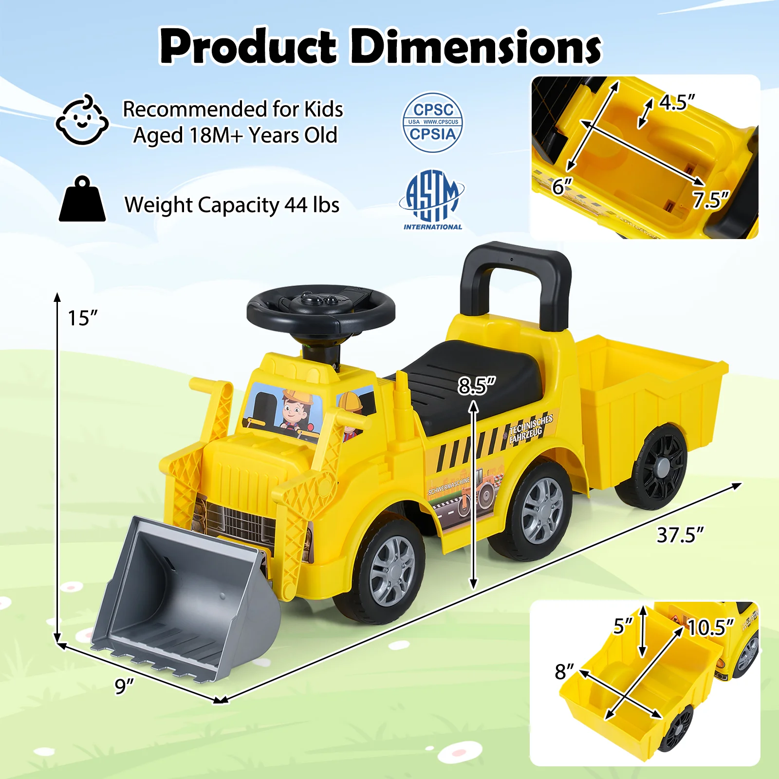 Kids Digger Ride on Truck with Shovel and Under-Seat Compartment - Image 5