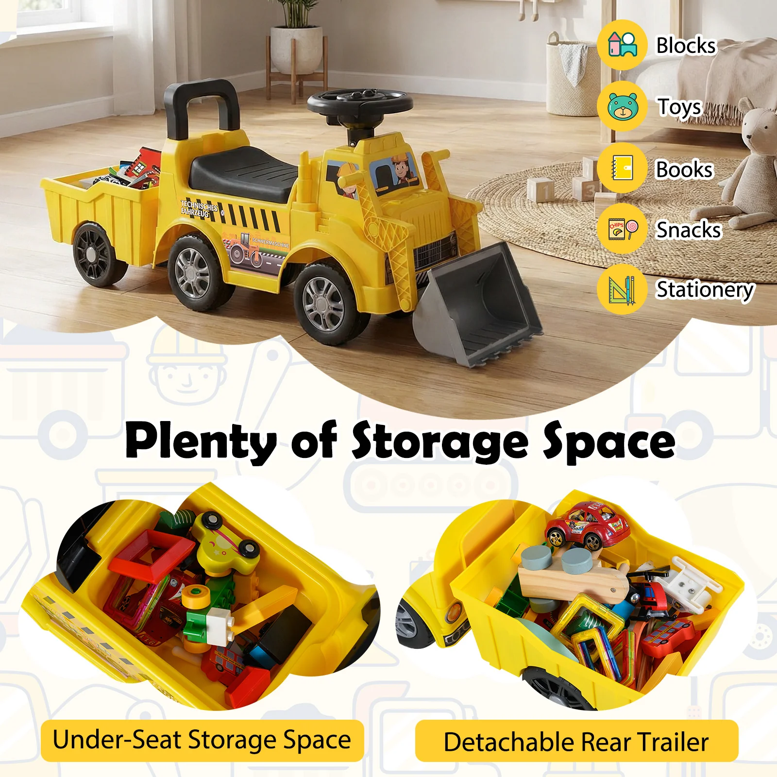 Kids Digger Ride on Truck with Shovel and Under-Seat Compartment - Image 6