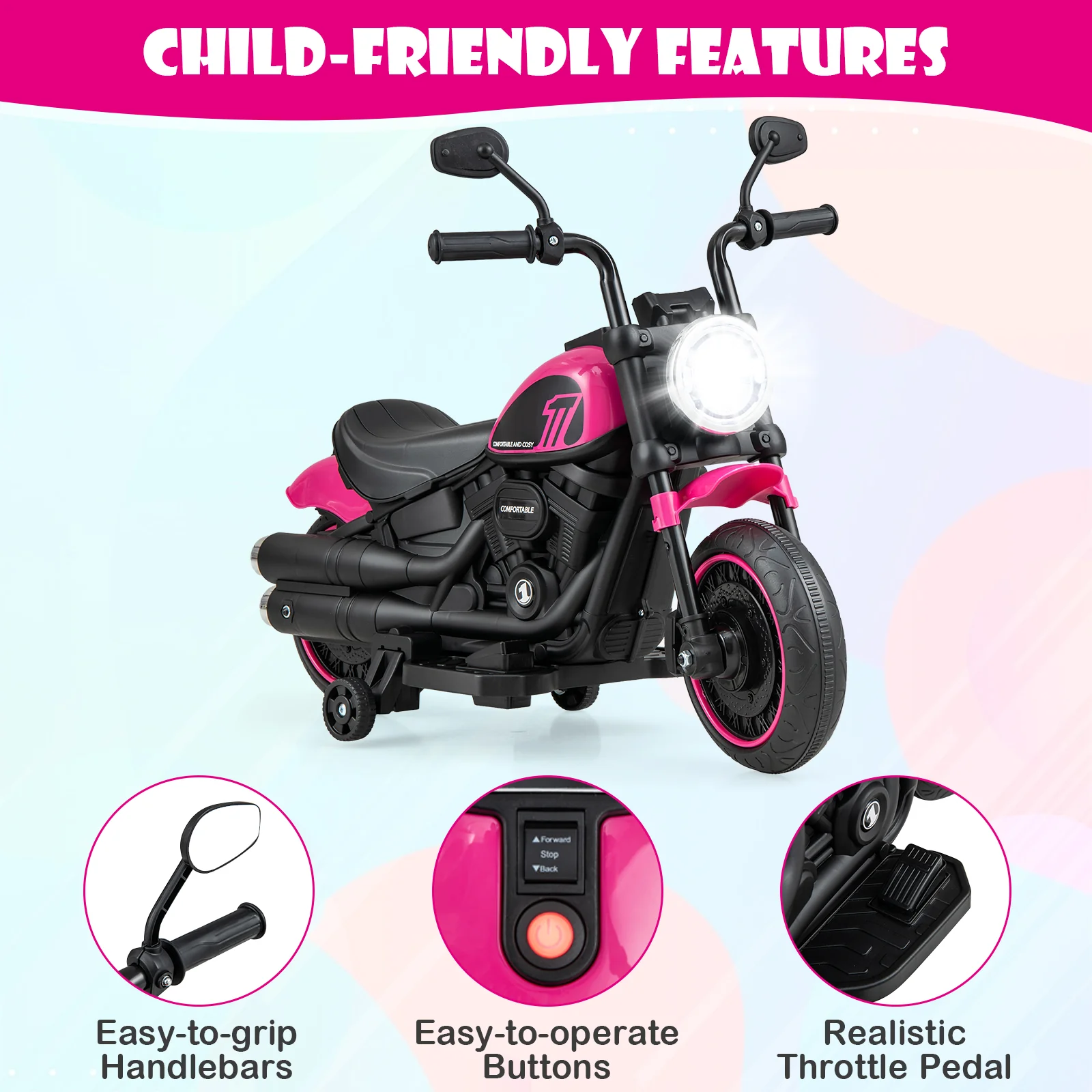 Kids Electric Motorcycle with Training Wheels and LED Headlights - Image 14