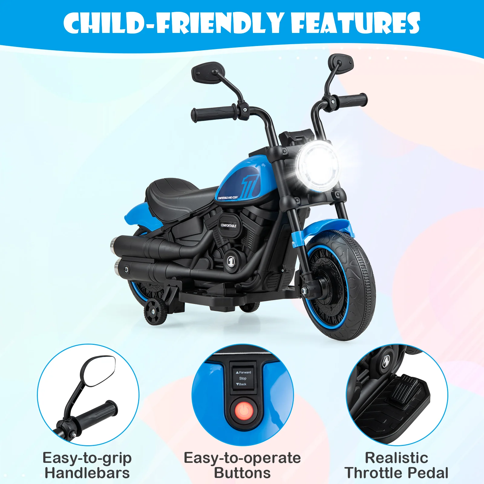 Kids Electric Motorcycle with Training Wheels and LED Headlights - Image 6